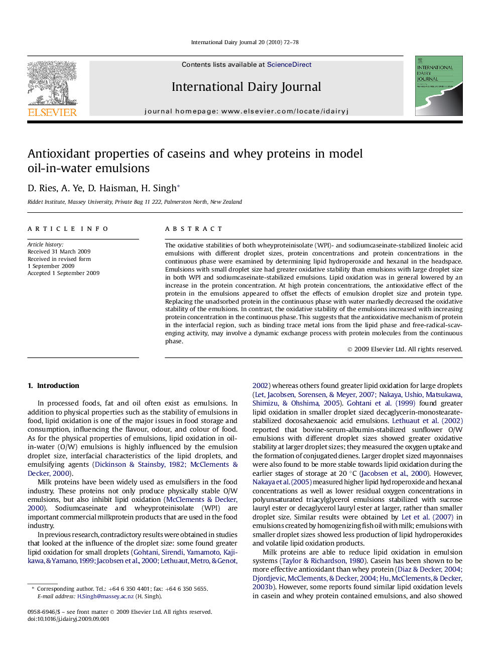 Antioxidant properties of caseins and whey proteins in model oil-in-water emulsions