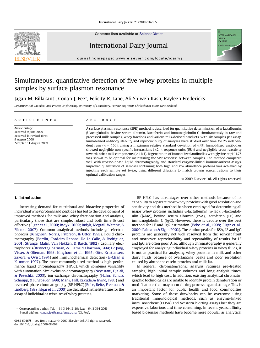 Simultaneous, quantitative detection of five whey proteins in multiple samples by surface plasmon resonance