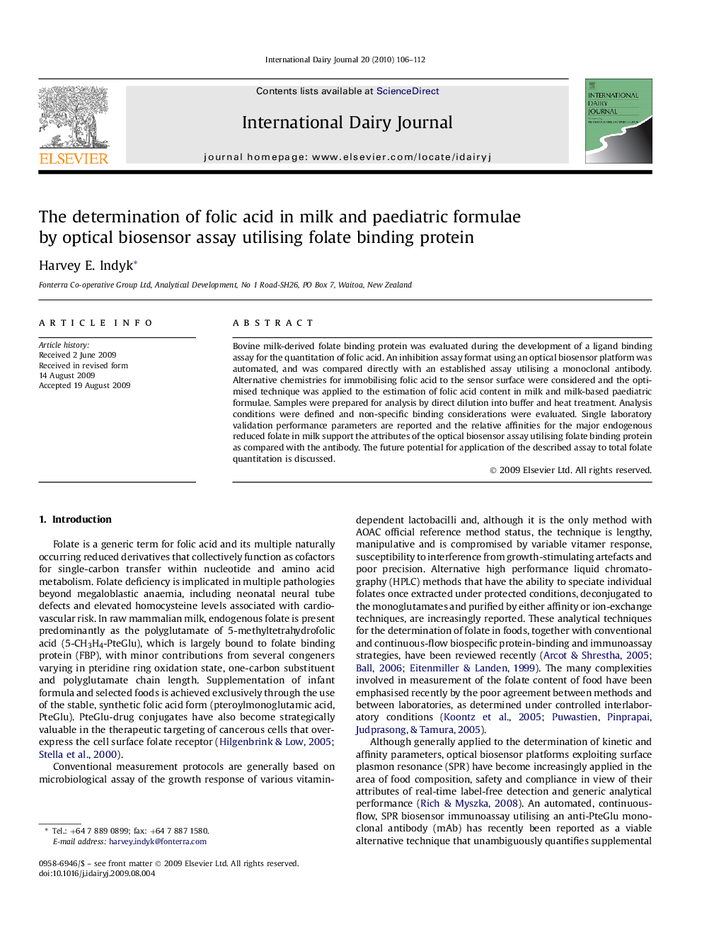 The determination of folic acid in milk and paediatric formulae by optical biosensor assay utilising folate binding protein