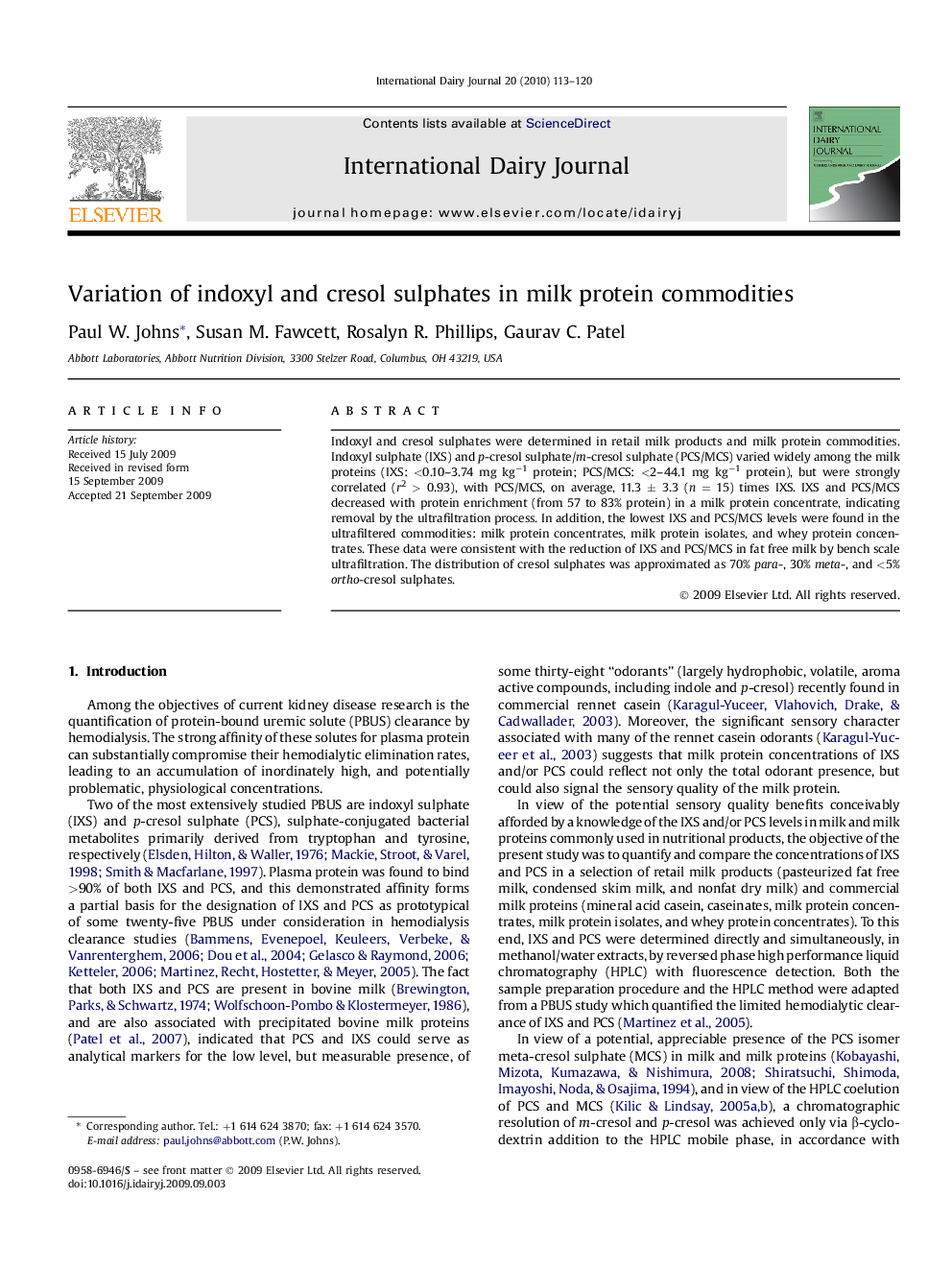 Variation of indoxyl and cresol sulphates in milk protein commodities