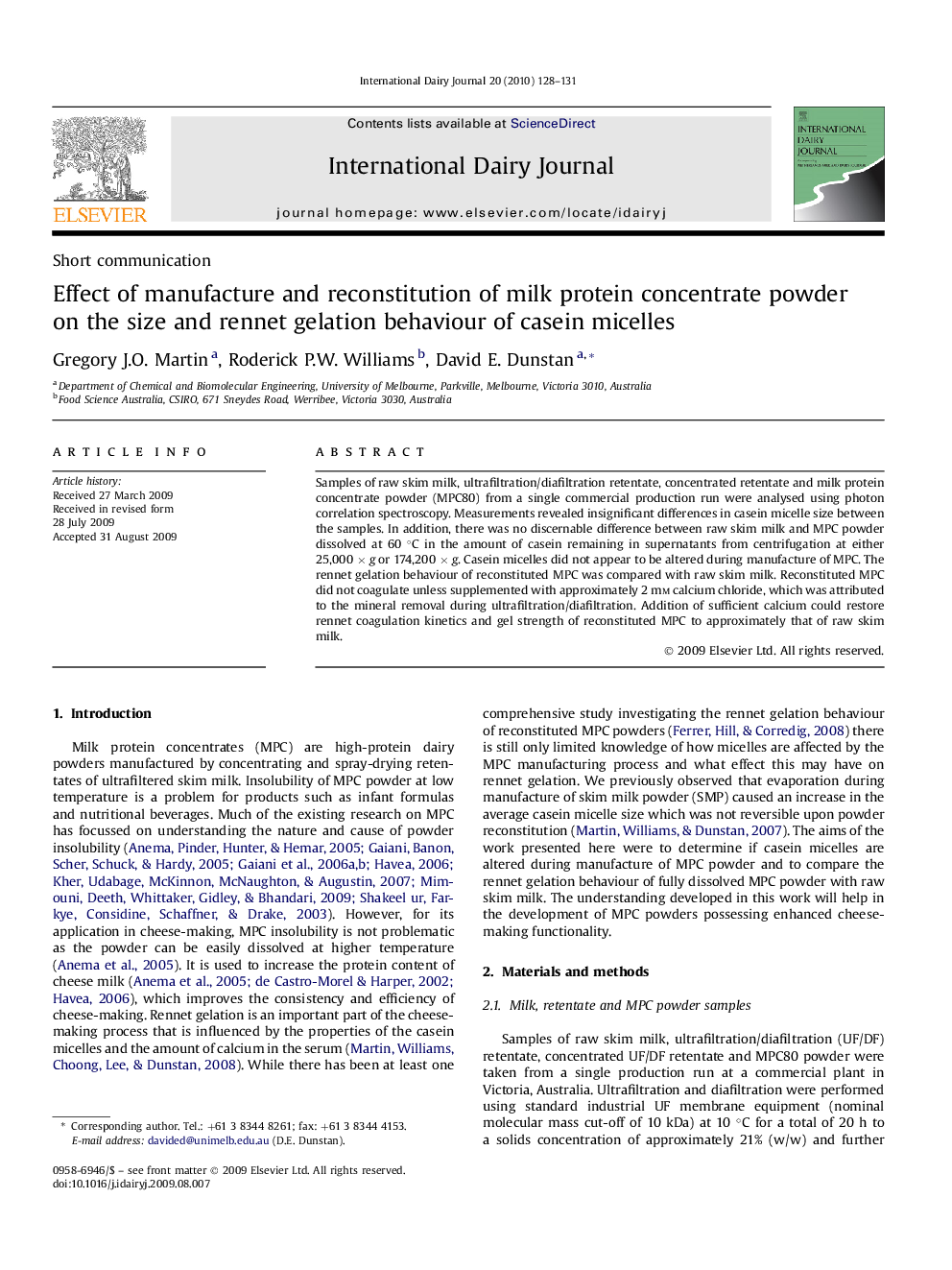 Effect of manufacture and reconstitution of milk protein concentrate powder on the size and rennet gelation behaviour of casein micelles