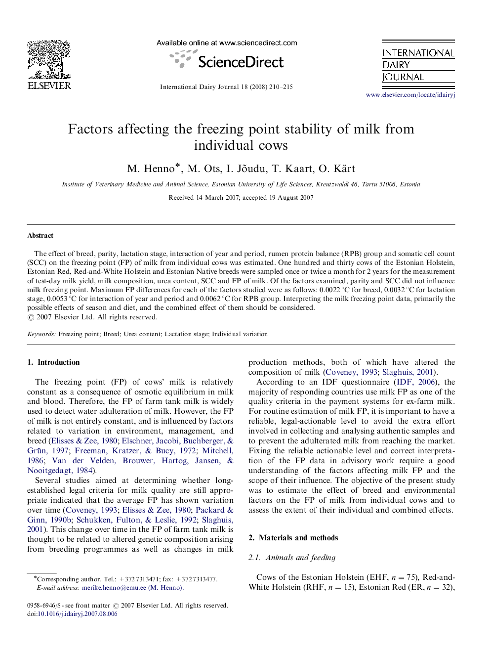 Factors affecting the freezing point stability of milk from individual cows