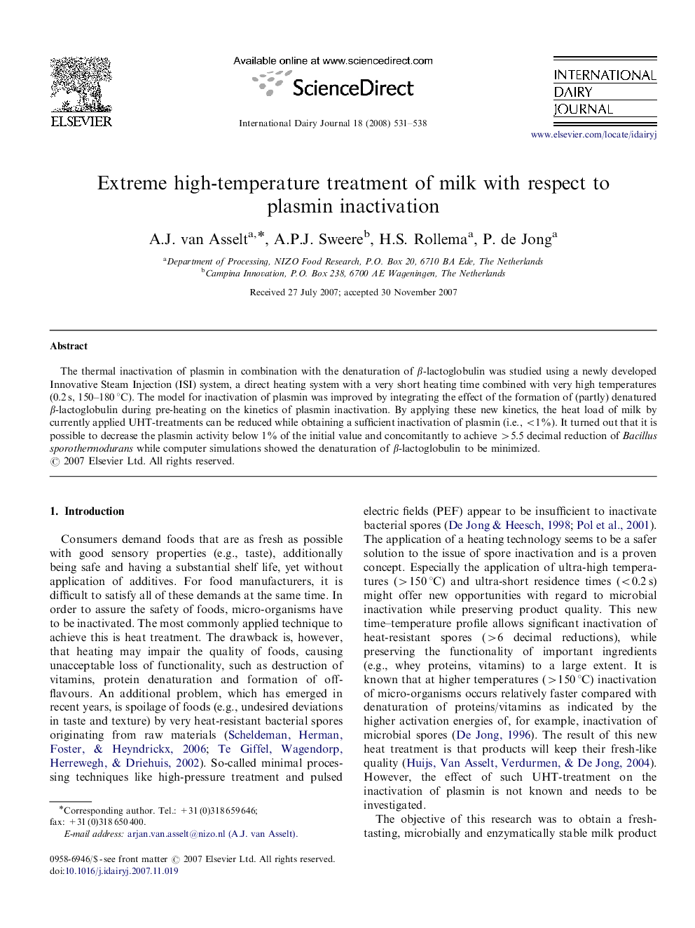 Extreme high-temperature treatment of milk with respect to plasmin inactivation