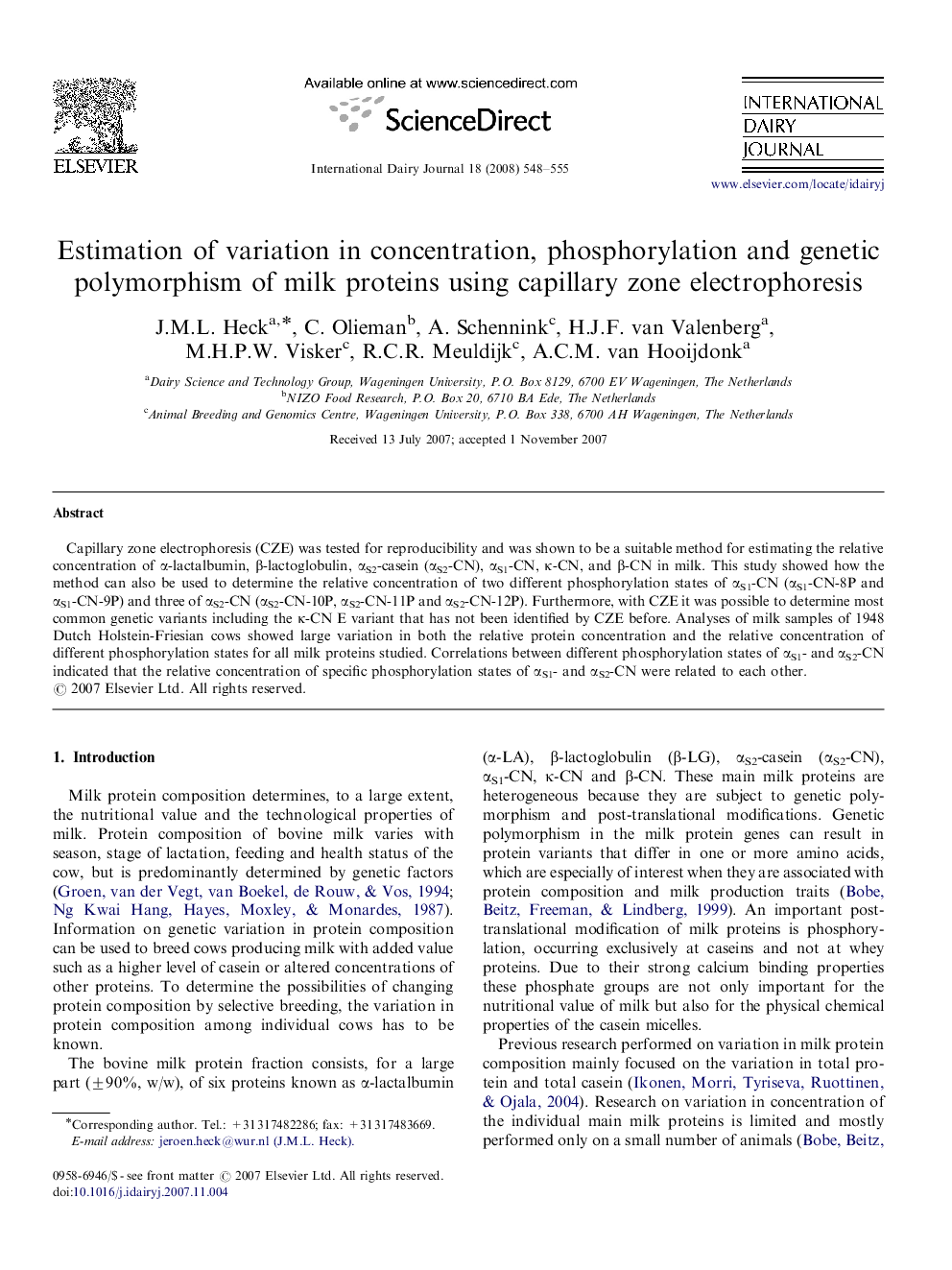 Estimation of variation in concentration, phosphorylation and genetic polymorphism of milk proteins using capillary zone electrophoresis