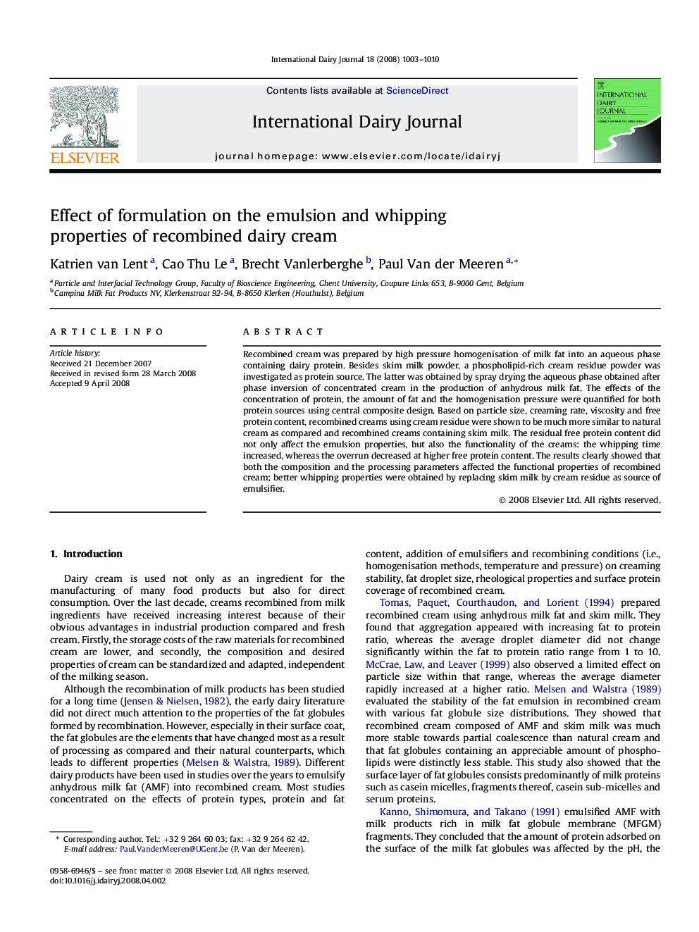 Effect of formulation on the emulsion and whipping properties of recombined dairy cream