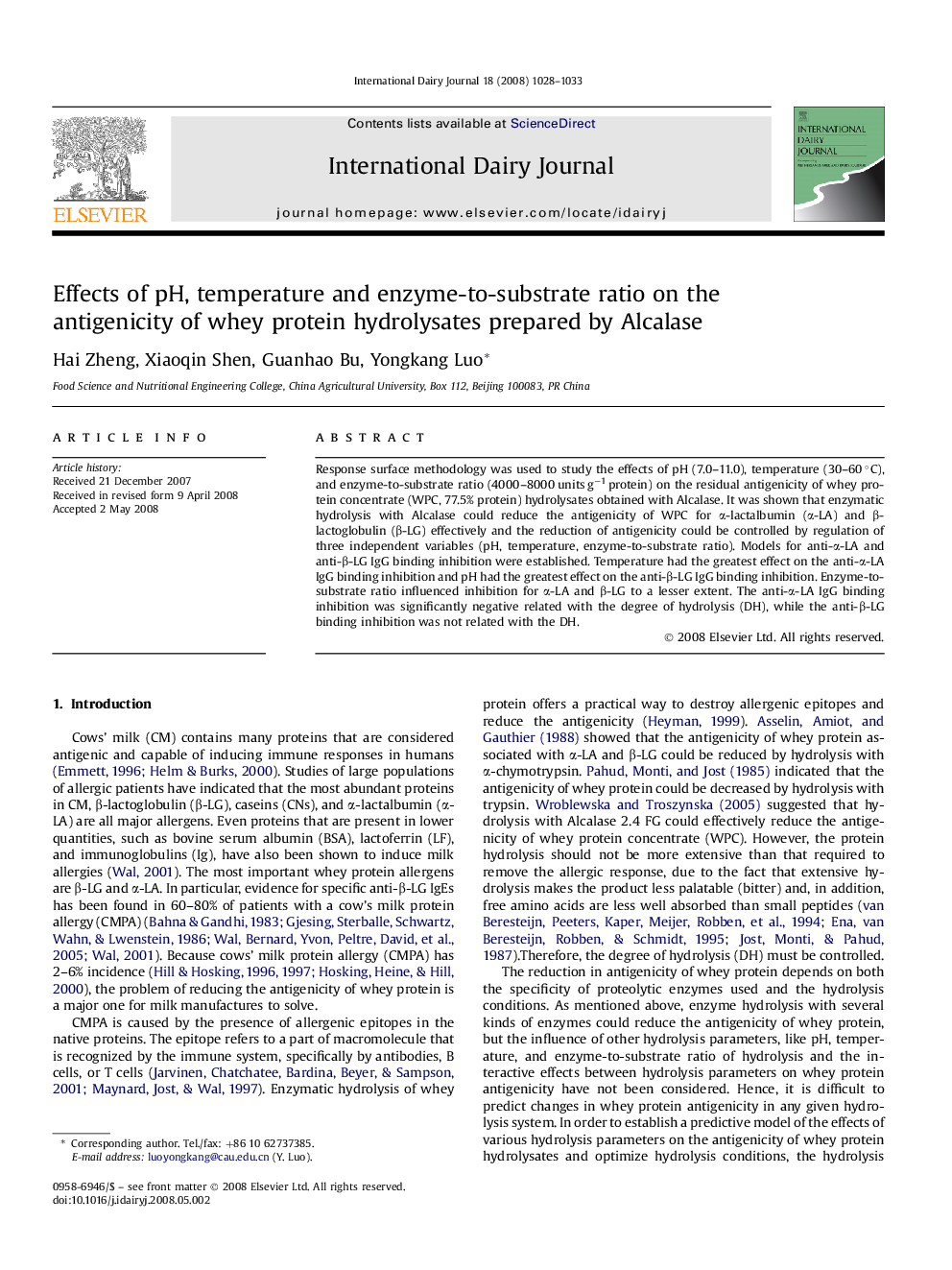 Effects of pH, temperature and enzyme-to-substrate ratio on the antigenicity of whey protein hydrolysates prepared by Alcalase