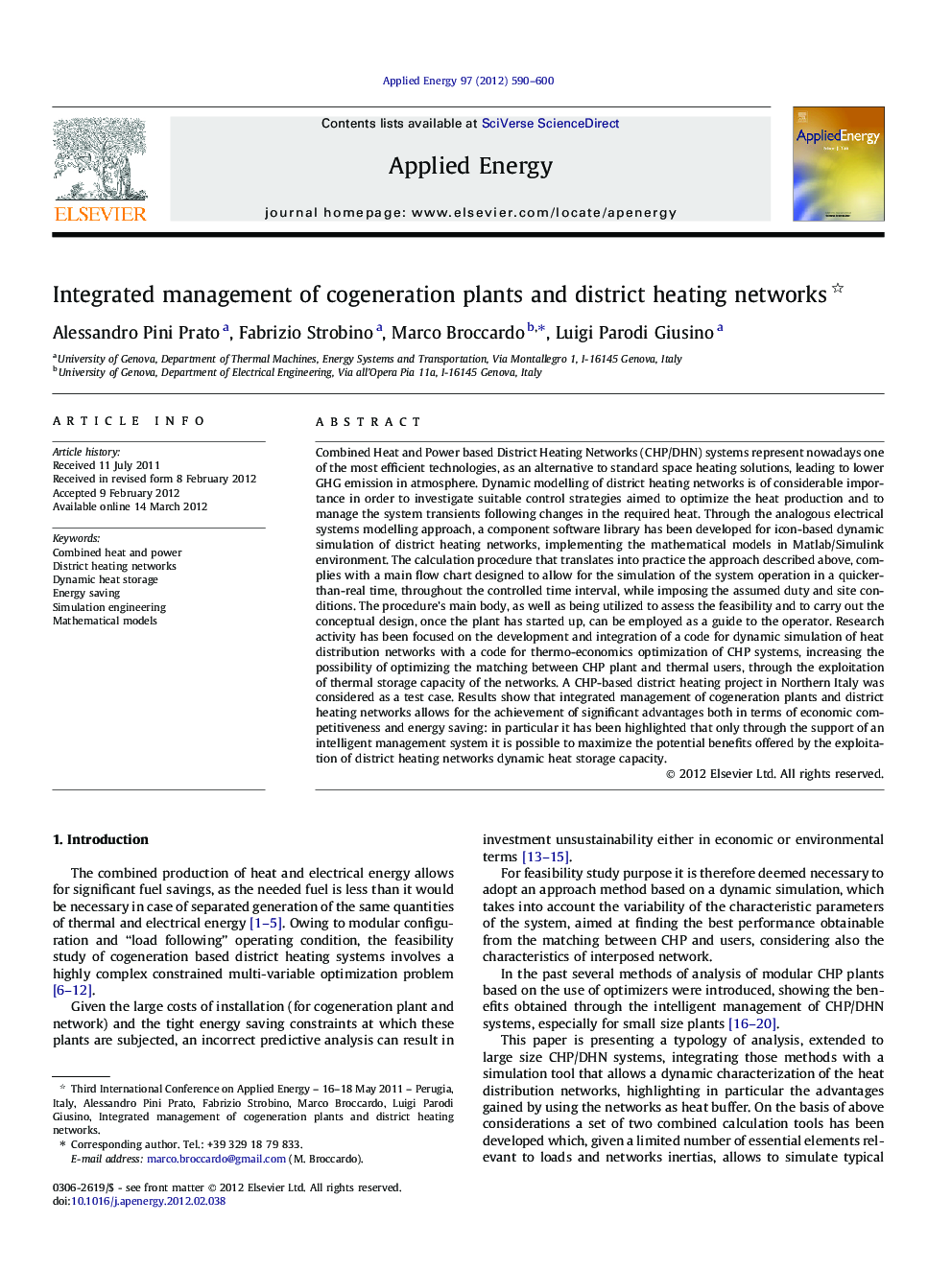 Integrated management of cogeneration plants and district heating networks 