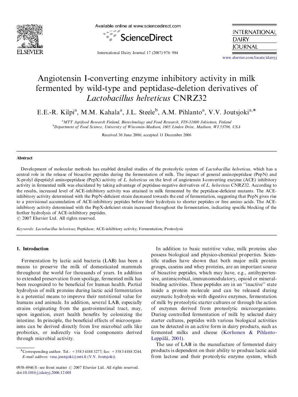 Angiotensin I-converting enzyme inhibitory activity in milk fermented by wild-type and peptidase-deletion derivatives of Lactobacillus helveticus CNRZ32