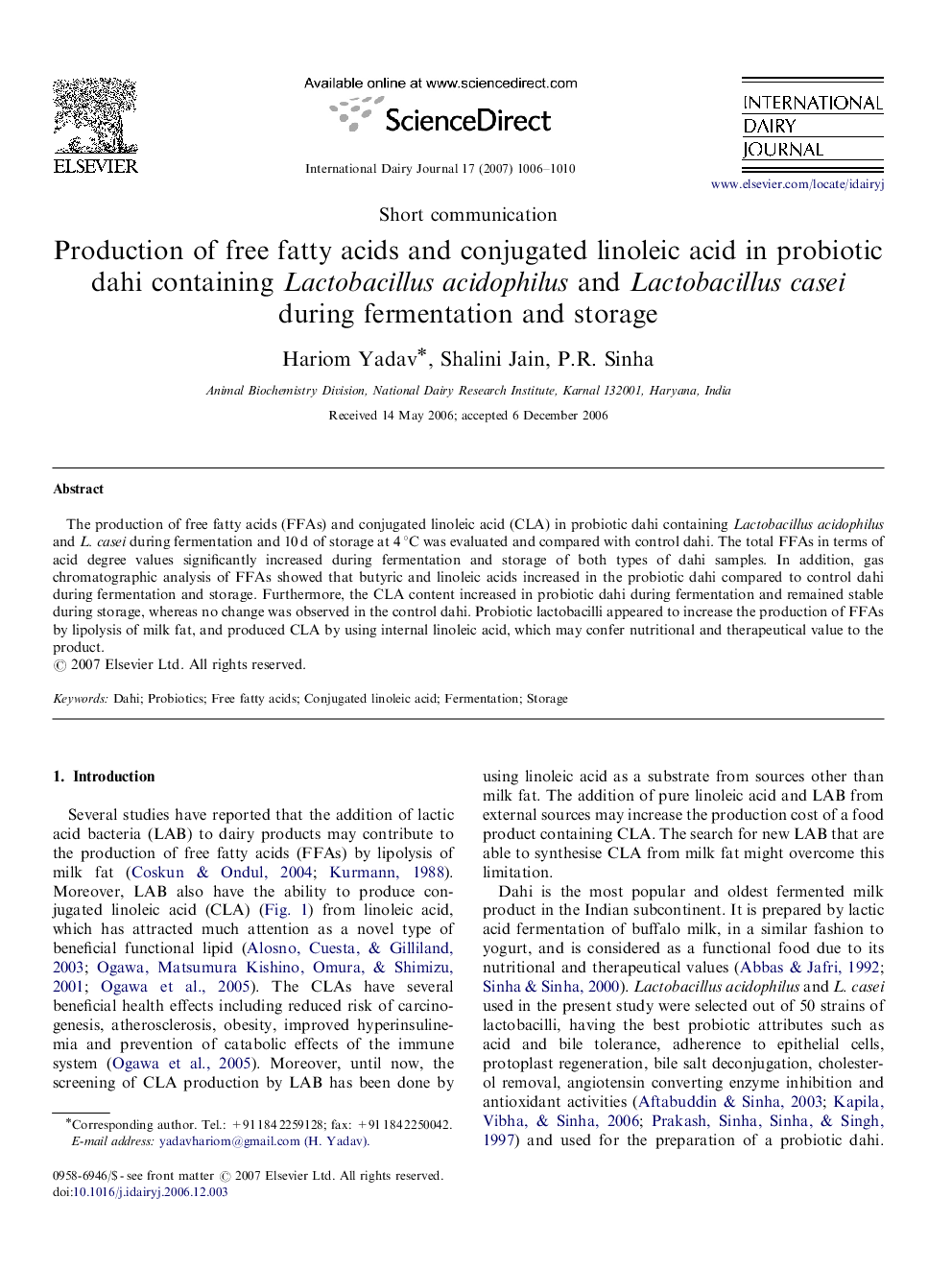 Production of free fatty acids and conjugated linoleic acid in probiotic dahi containing Lactobacillus acidophilus and Lactobacillus casei during fermentation and storage