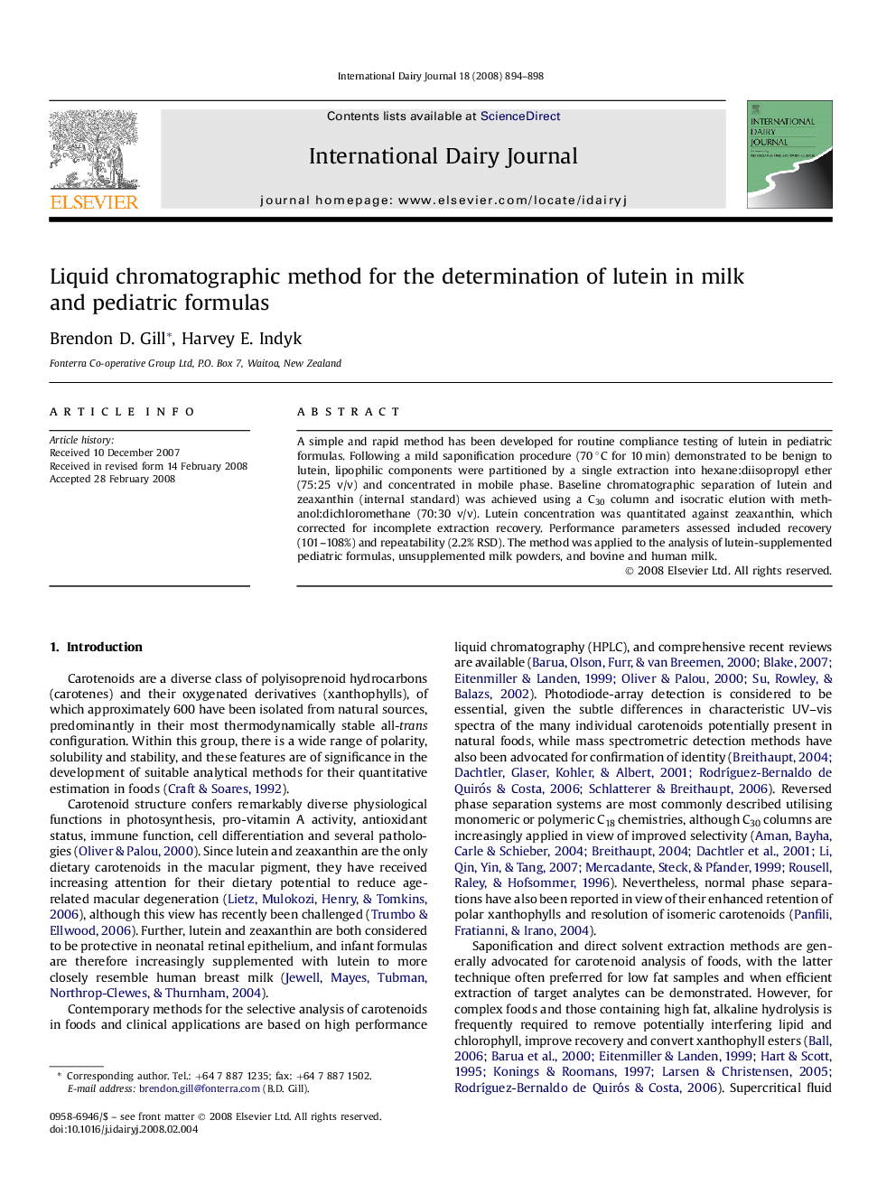 Liquid chromatographic method for the determination of lutein in milk and pediatric formulas