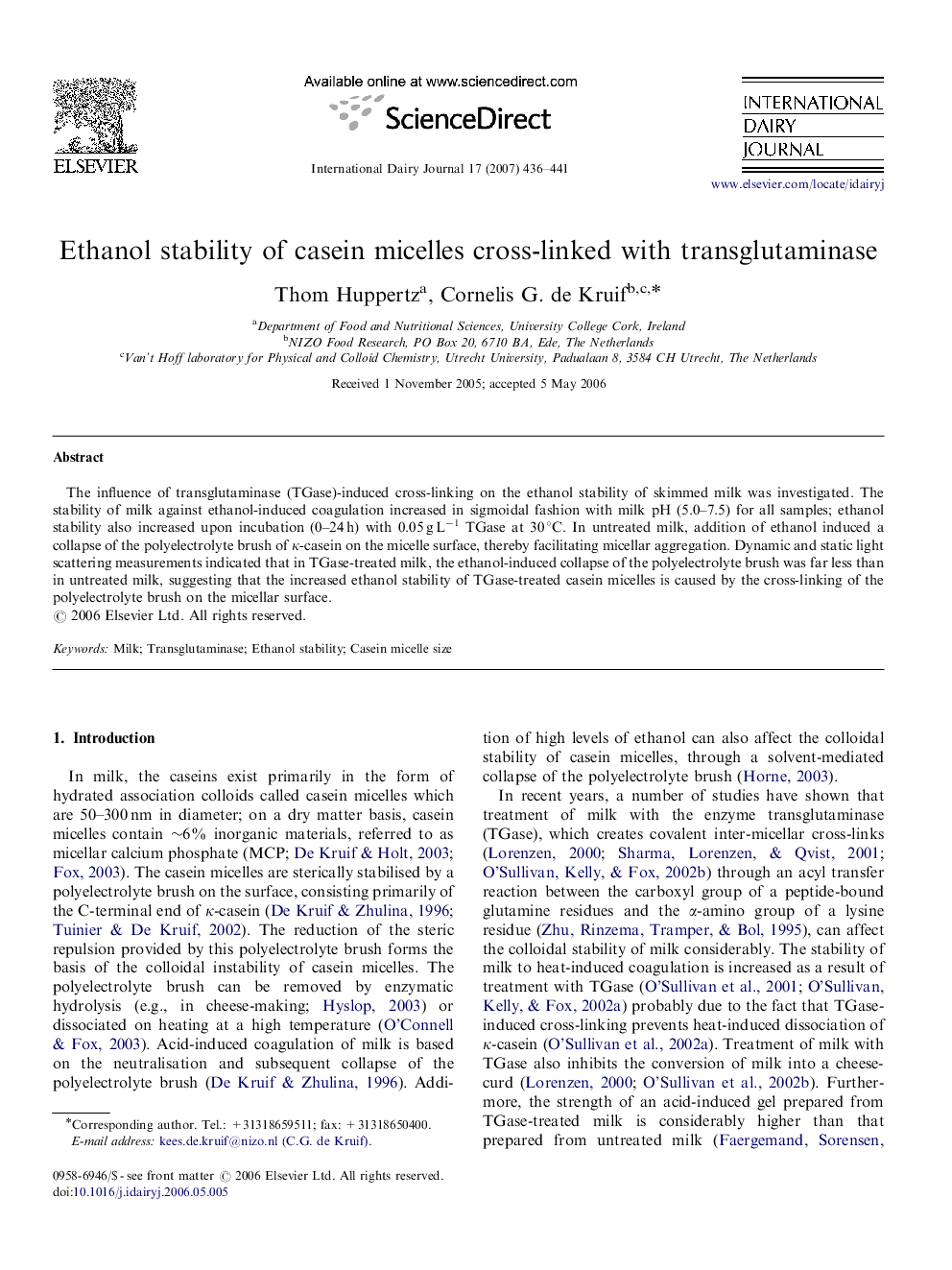 Ethanol stability of casein micelles cross-linked with transglutaminase