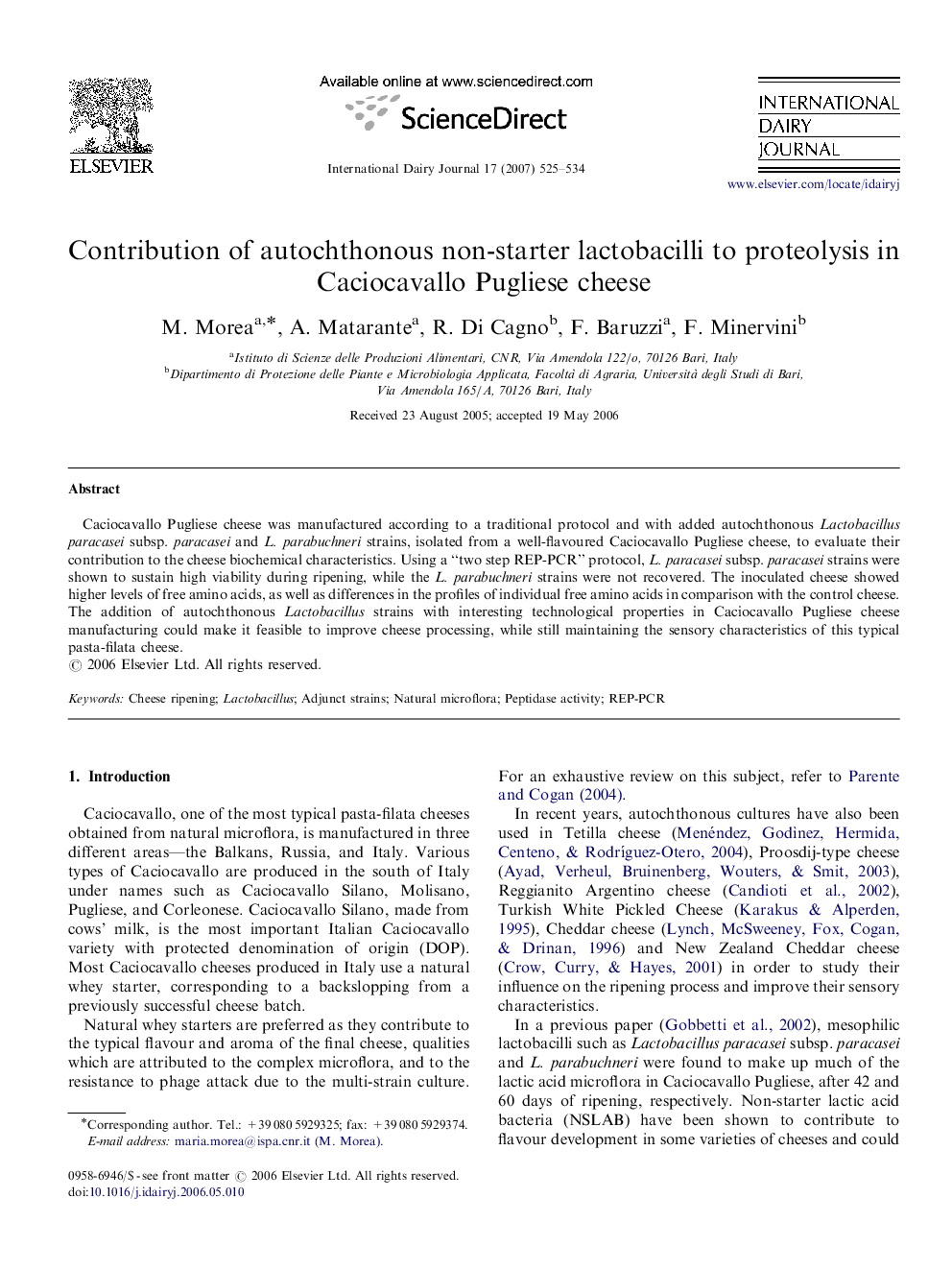 Contribution of autochthonous non-starter lactobacilli to proteolysis in Caciocavallo Pugliese cheese