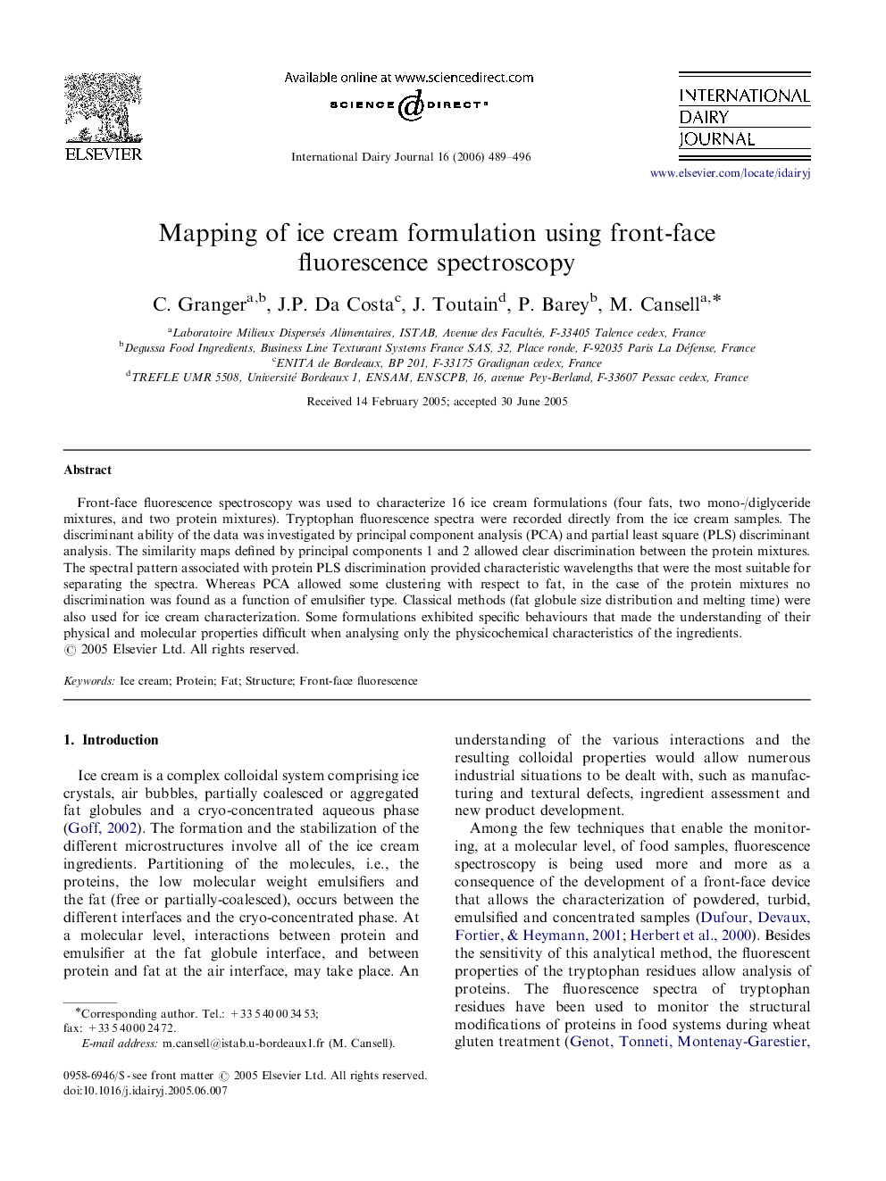 Mapping of ice cream formulation using front-face fluorescence spectroscopy