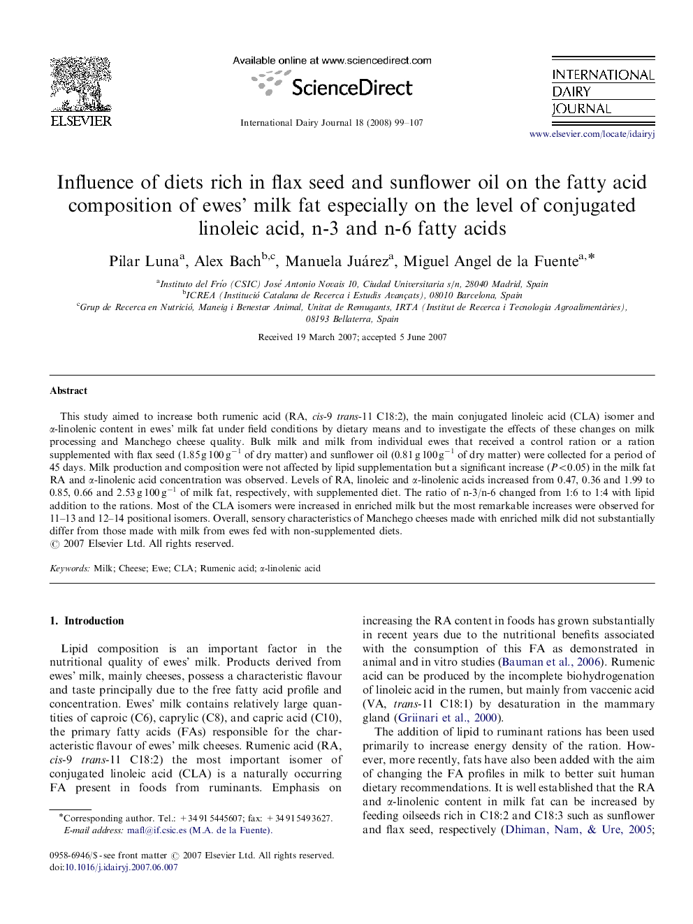 Influence of diets rich in flax seed and sunflower oil on the fatty acid composition of ewes’ milk fat especially on the level of conjugated linoleic acid, n-3 and n-6 fatty acids