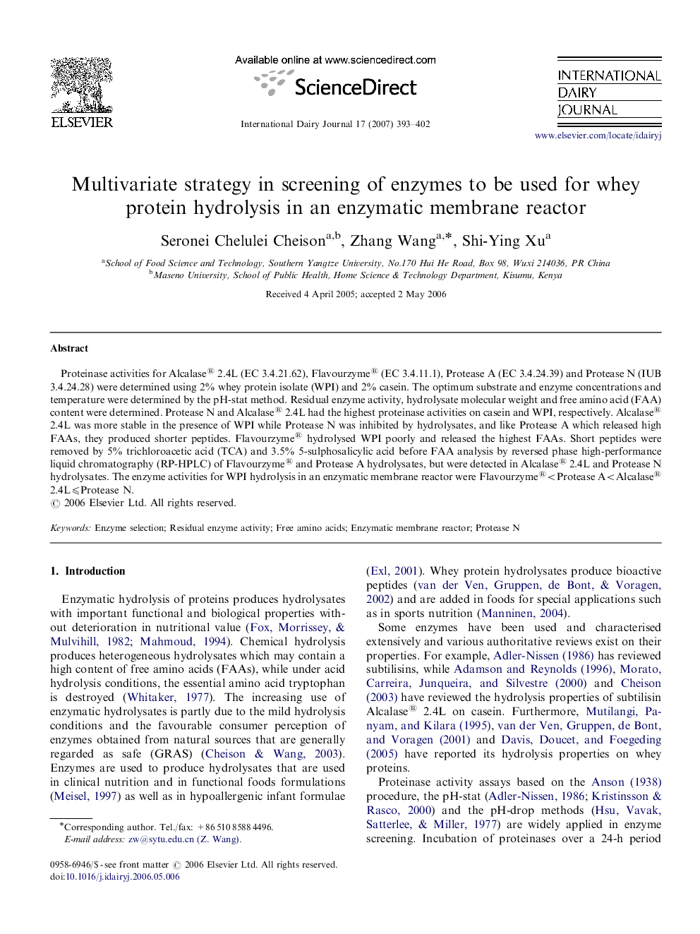 Multivariate strategy in screening of enzymes to be used for whey protein hydrolysis in an enzymatic membrane reactor