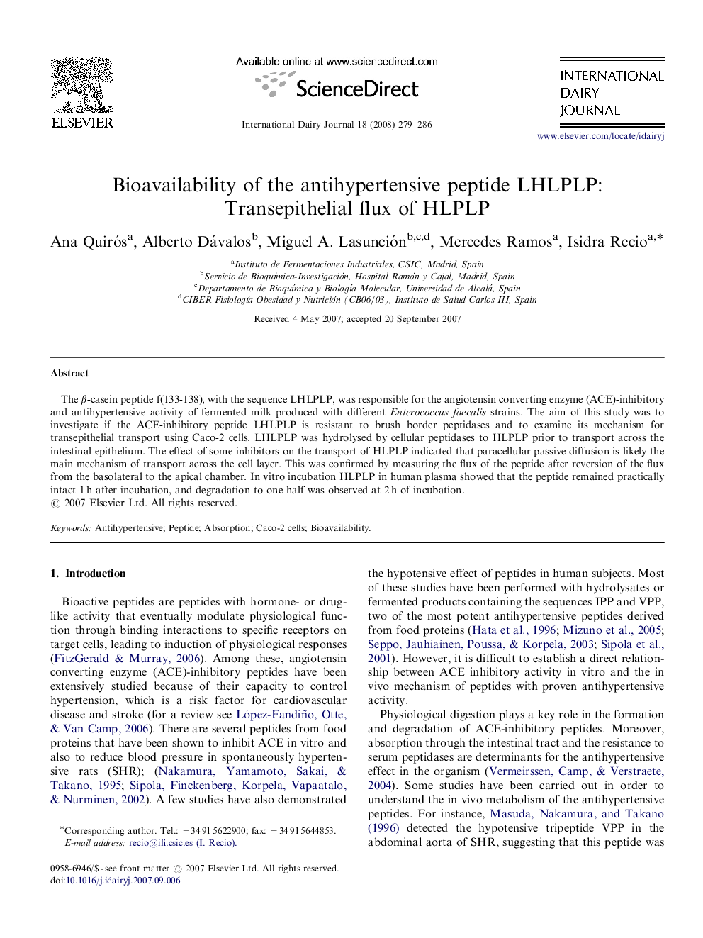 Bioavailability of the antihypertensive peptide LHLPLP: Transepithelial flux of HLPLP