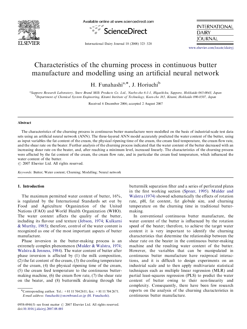 Characteristics of the churning process in continuous butter manufacture and modelling using an artificial neural network