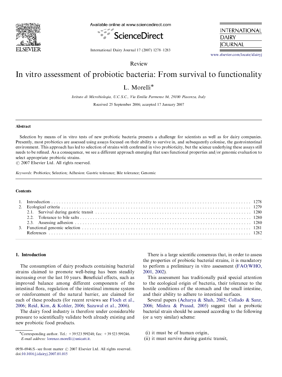 In vitro assessment of probiotic bacteria: From survival to functionality