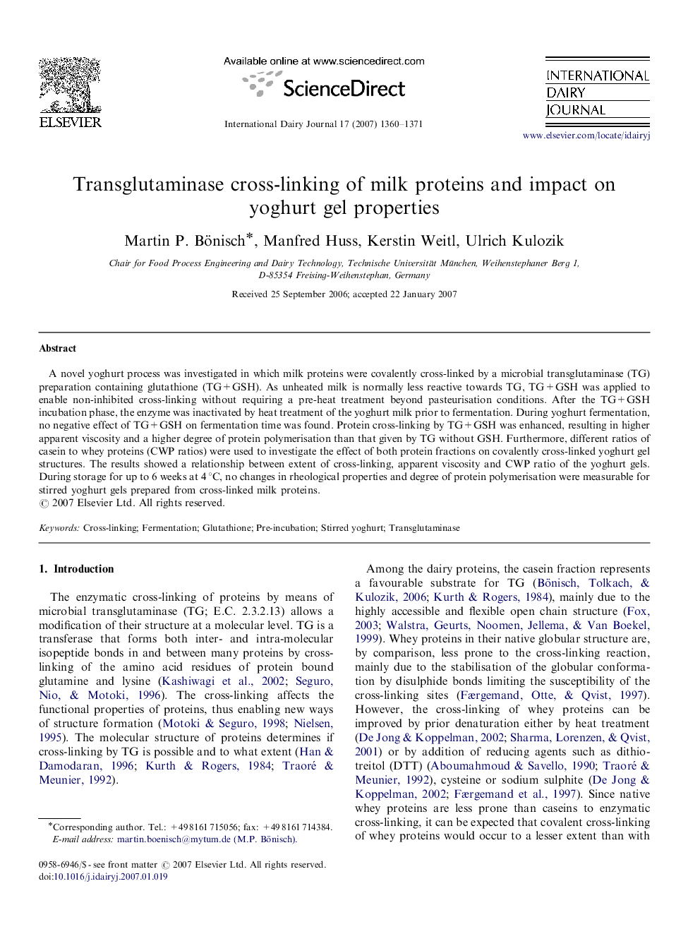 عکس صفحه اول مقاله: Transglutaminase cross-linking of milk proteins and impact on yoghurt gel properties Transglutaminase cross-linking of milk proteins and impact on yoghurt gel properties