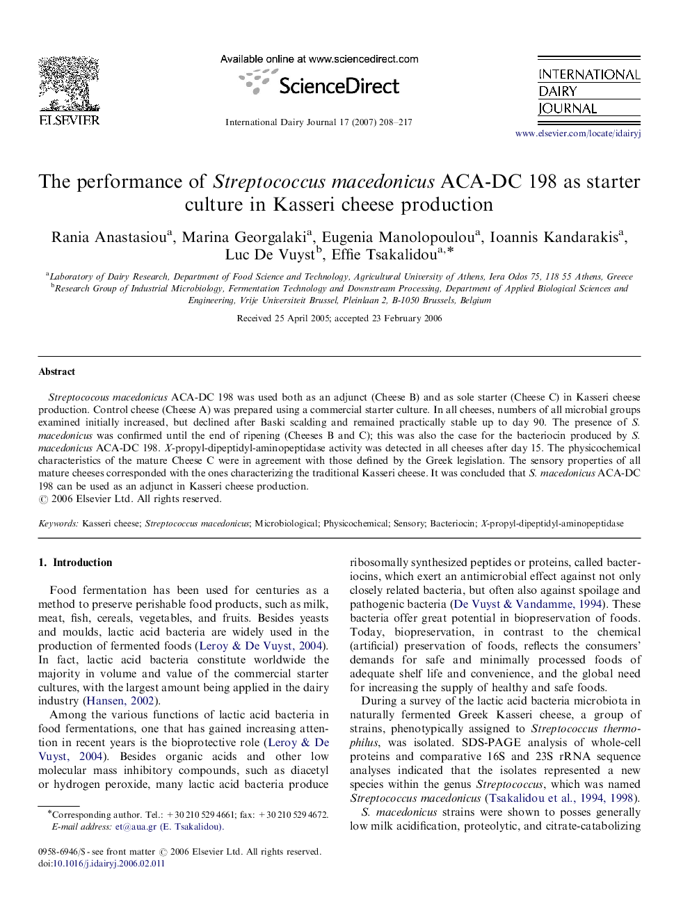 The performance of Streptococcus macedonicus ACA-DC 198 as starter culture in Kasseri cheese production