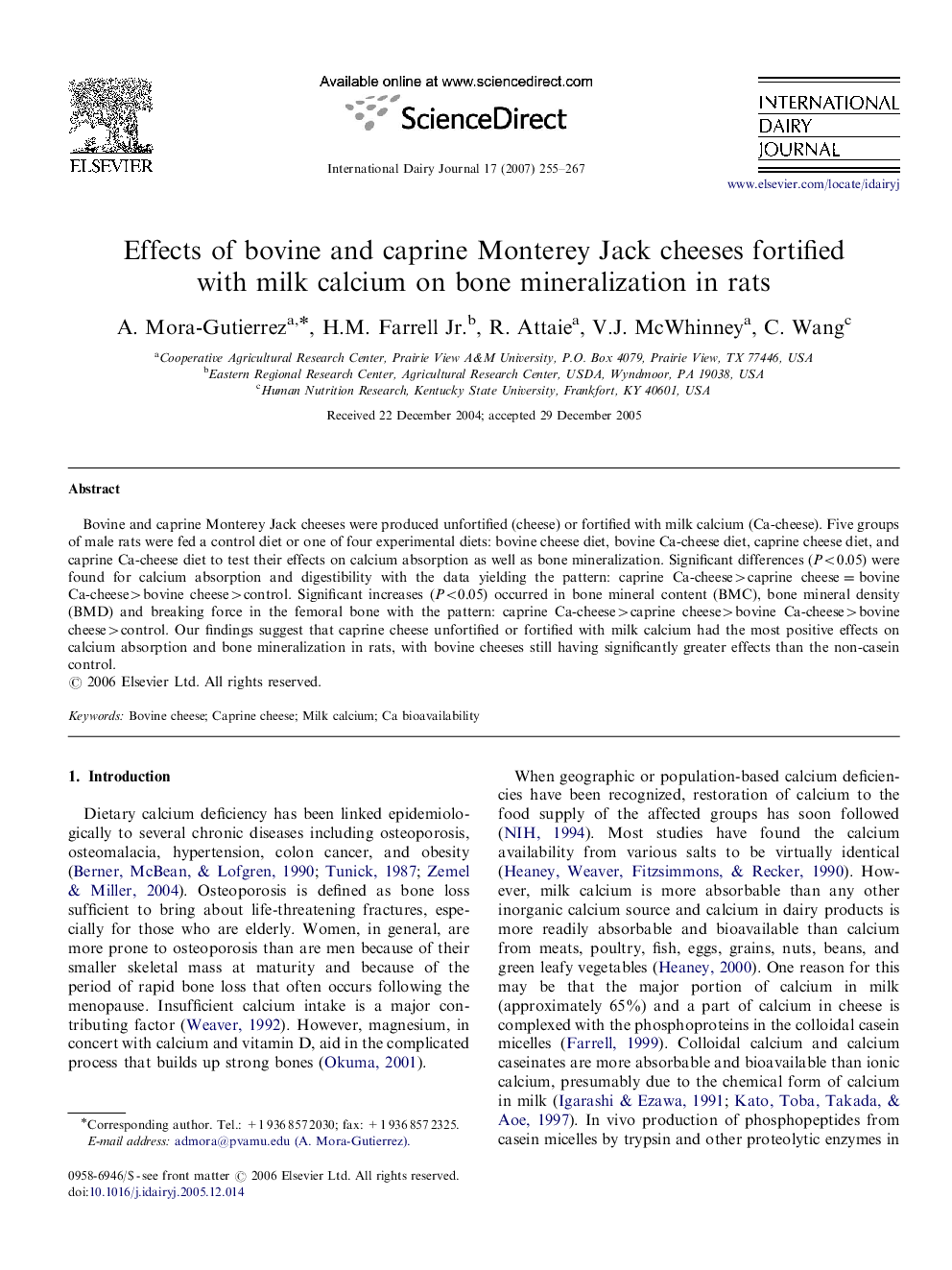 Effects of bovine and caprine Monterey Jack cheeses fortified with milk calcium on bone mineralization in rats