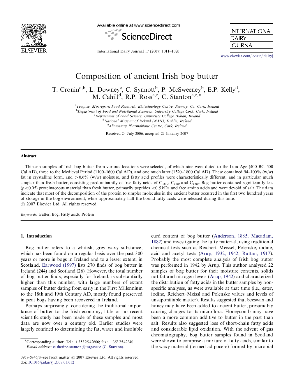 Composition of ancient Irish bog butter