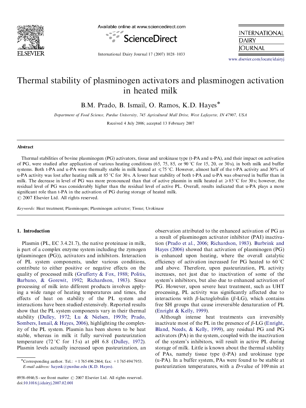 Thermal stability of plasminogen activators and plasminogen activation in heated milk