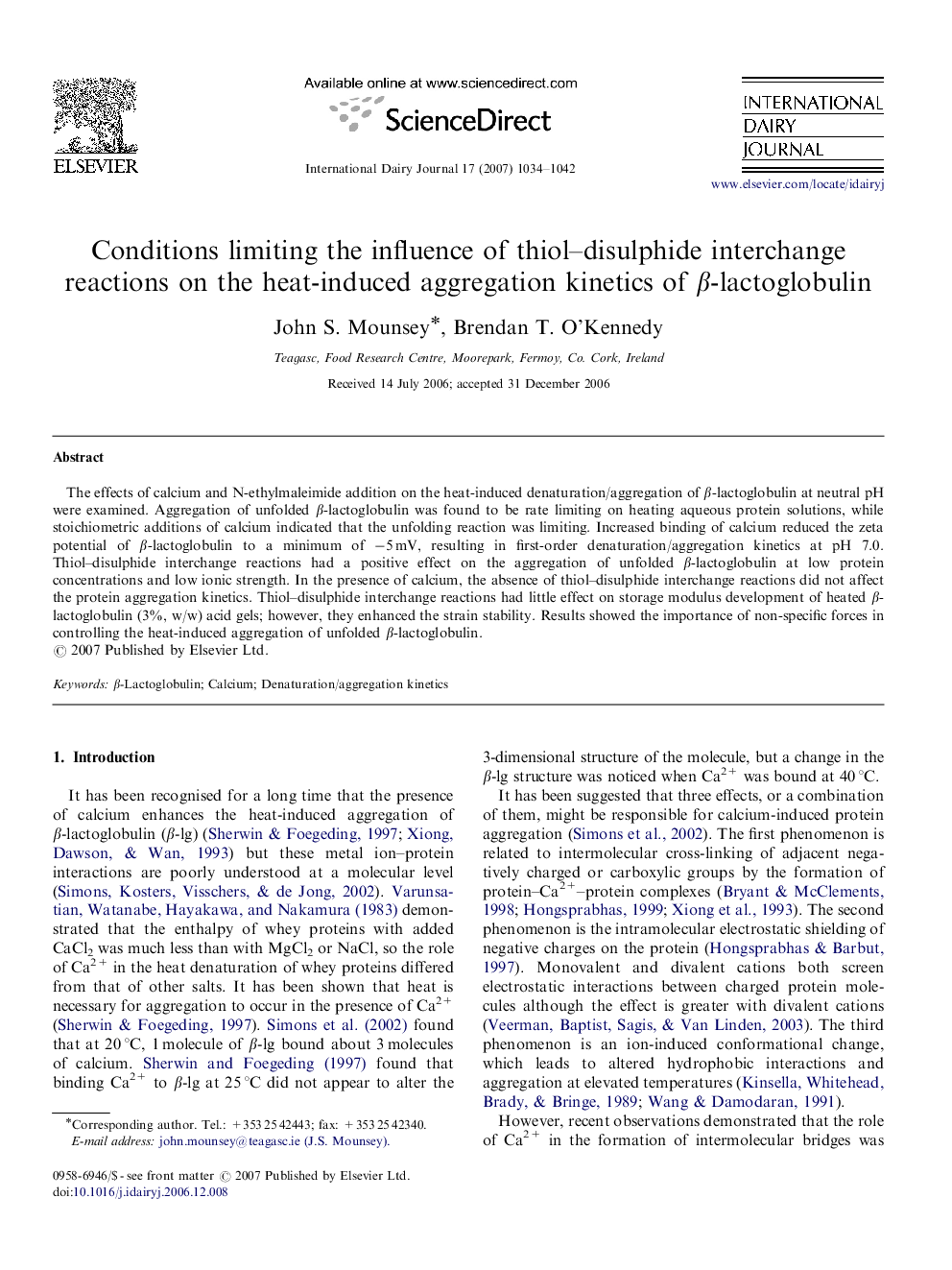 Conditions limiting the influence of thiol–disulphide interchange reactions on the heat-induced aggregation kinetics of β-lactoglobulin