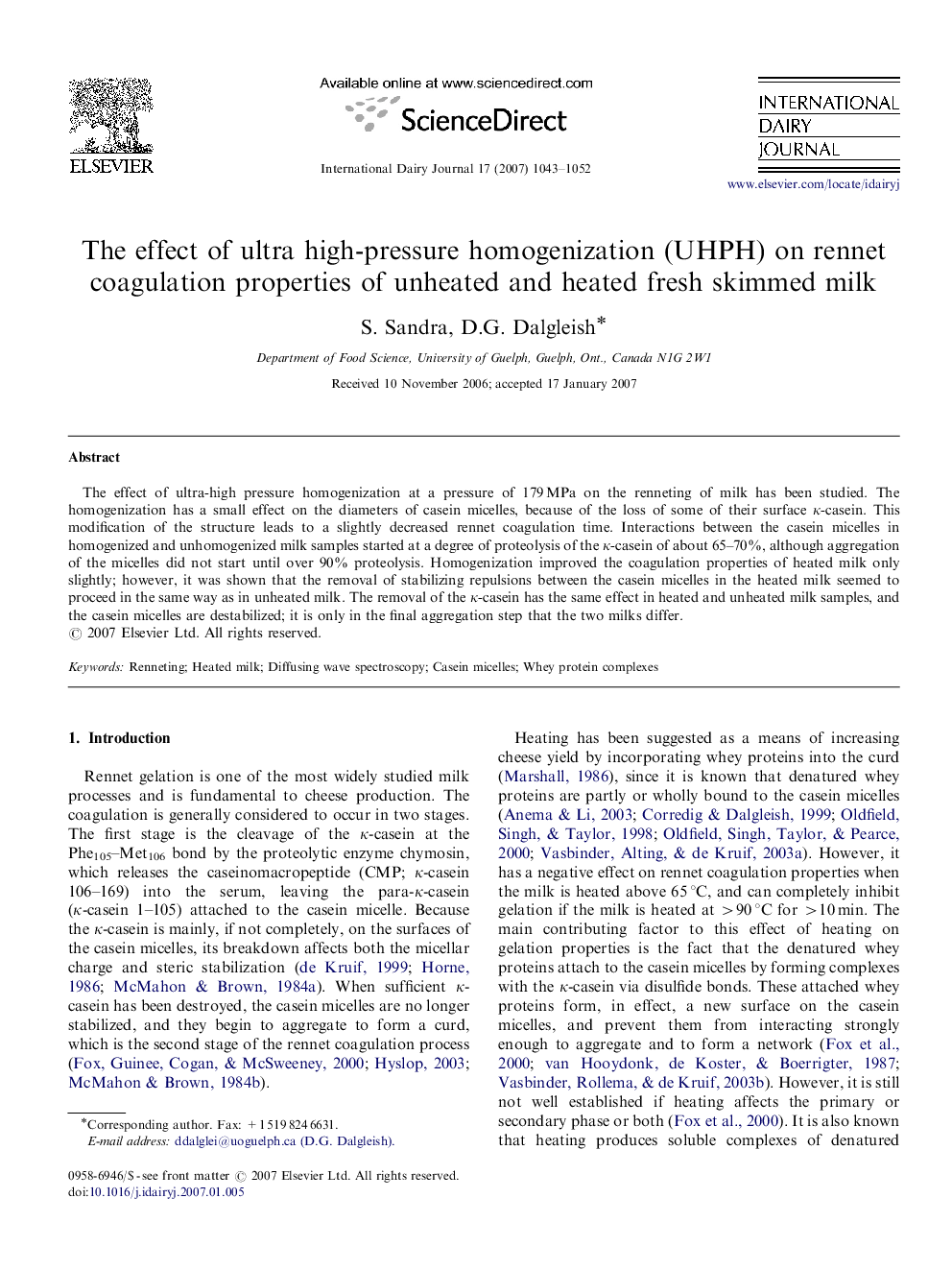 The effect of ultra high-pressure homogenization (UHPH) on rennet coagulation properties of unheated and heated fresh skimmed milk