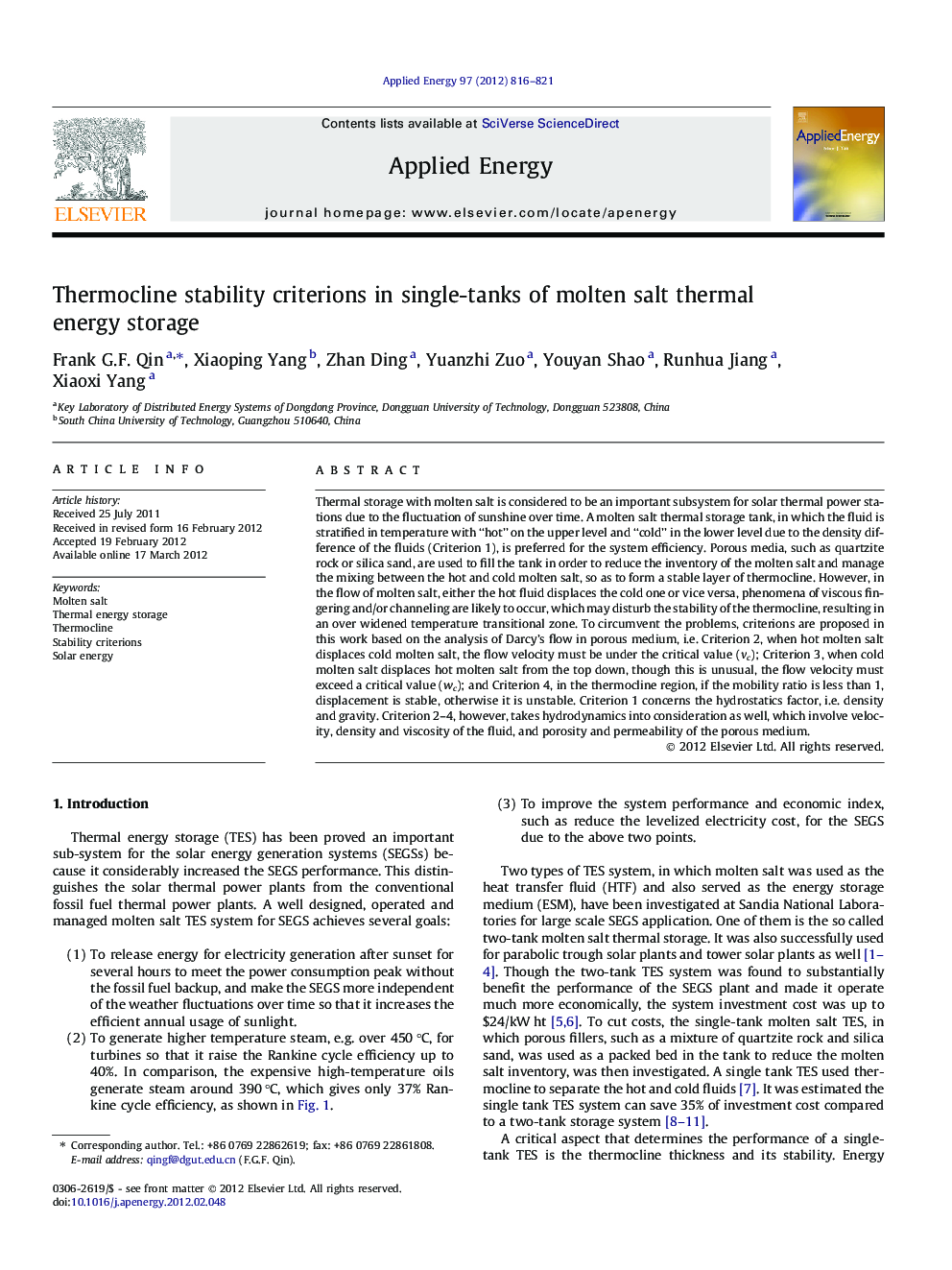 Thermocline stability criterions in single-tanks of molten salt thermal energy storage