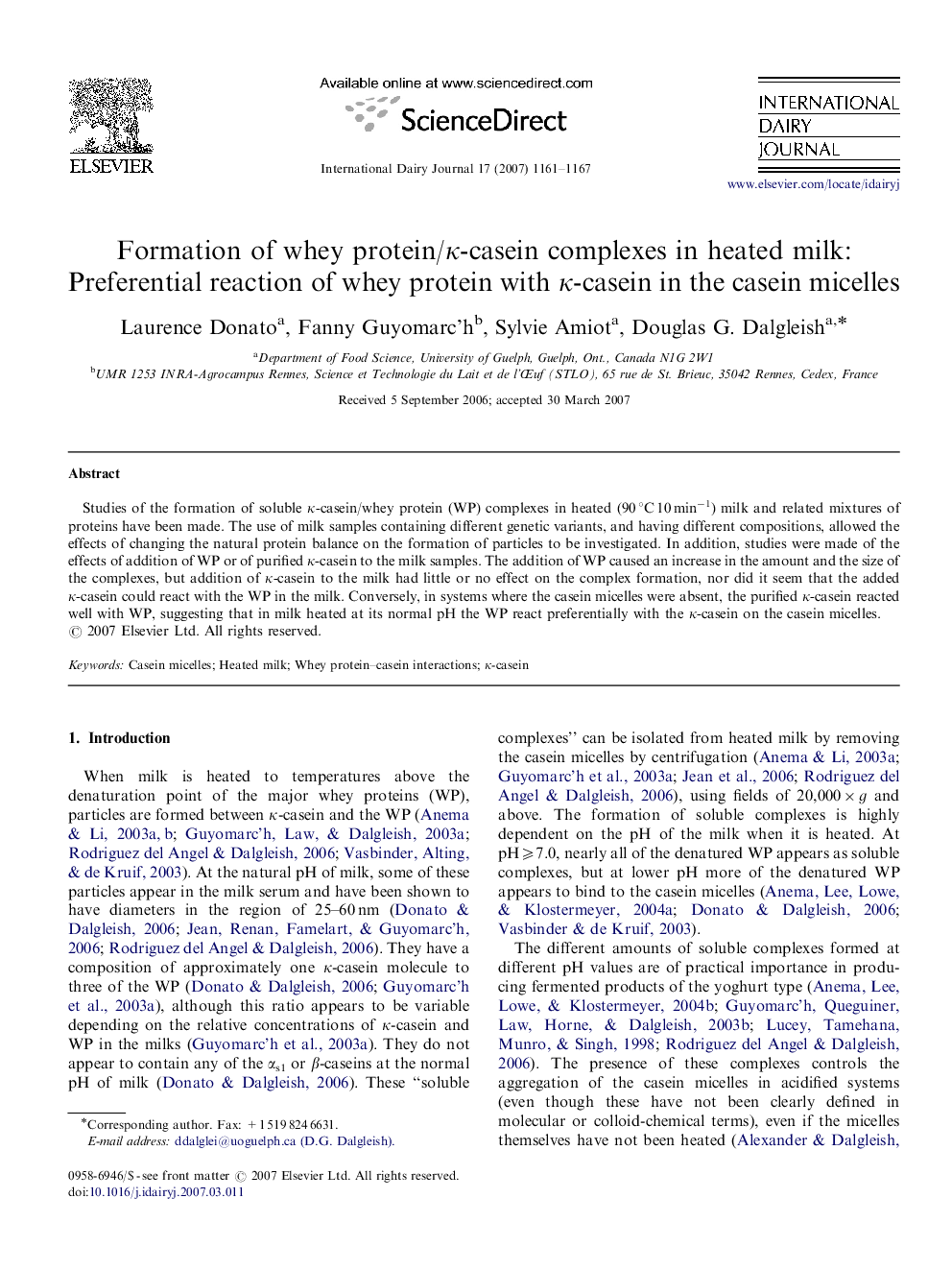 Formation of whey protein/κ-casein complexes in heated milk: Preferential reaction of whey protein with κ-casein in the casein micelles