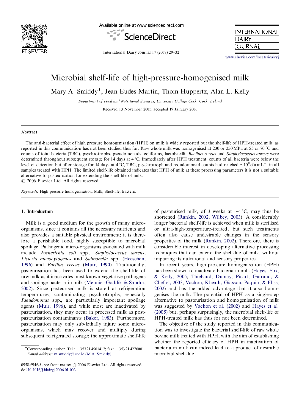 Microbial shelf-life of high-pressure-homogenised milk