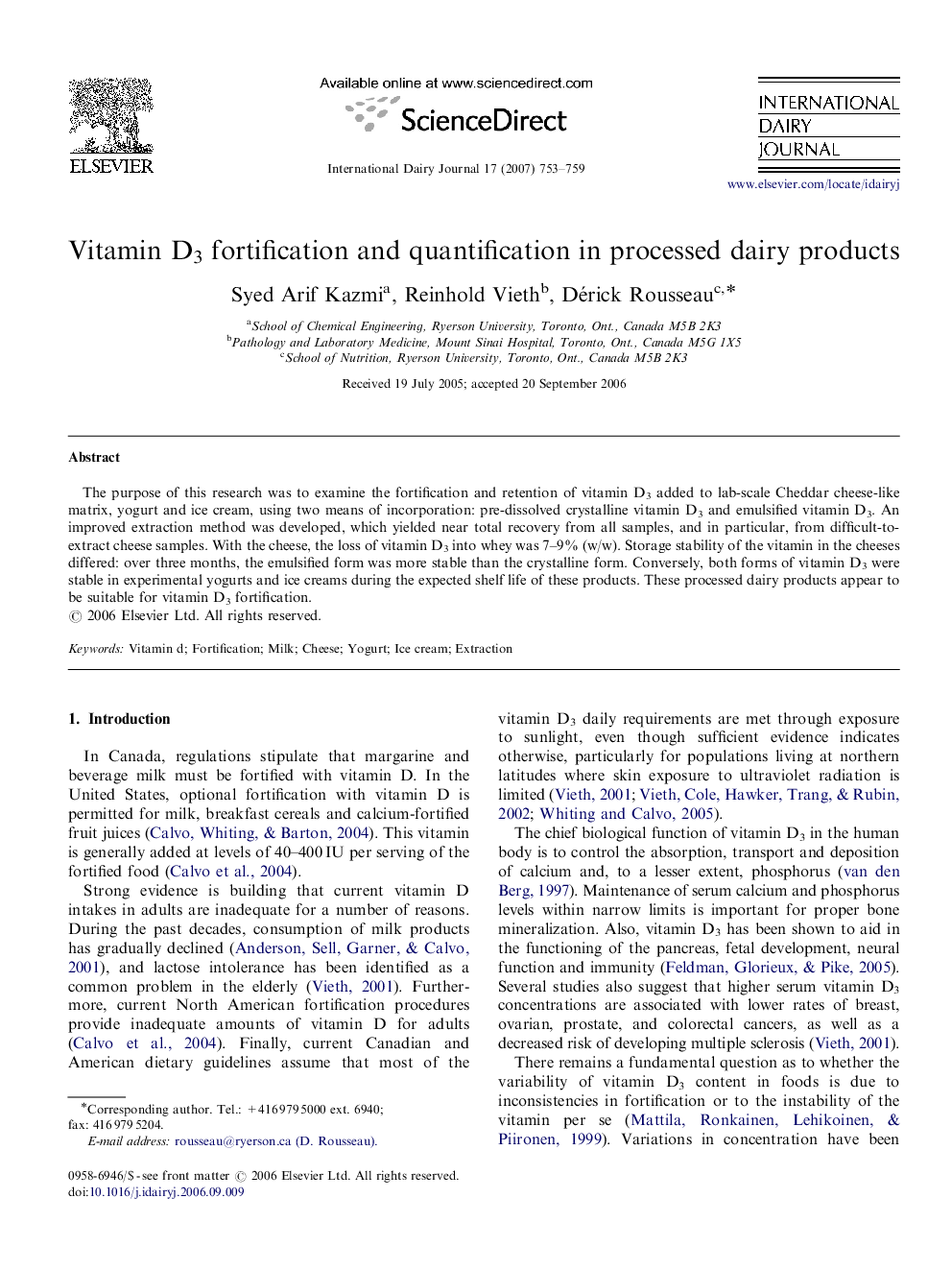 Vitamin D3 fortification and quantification in processed dairy products