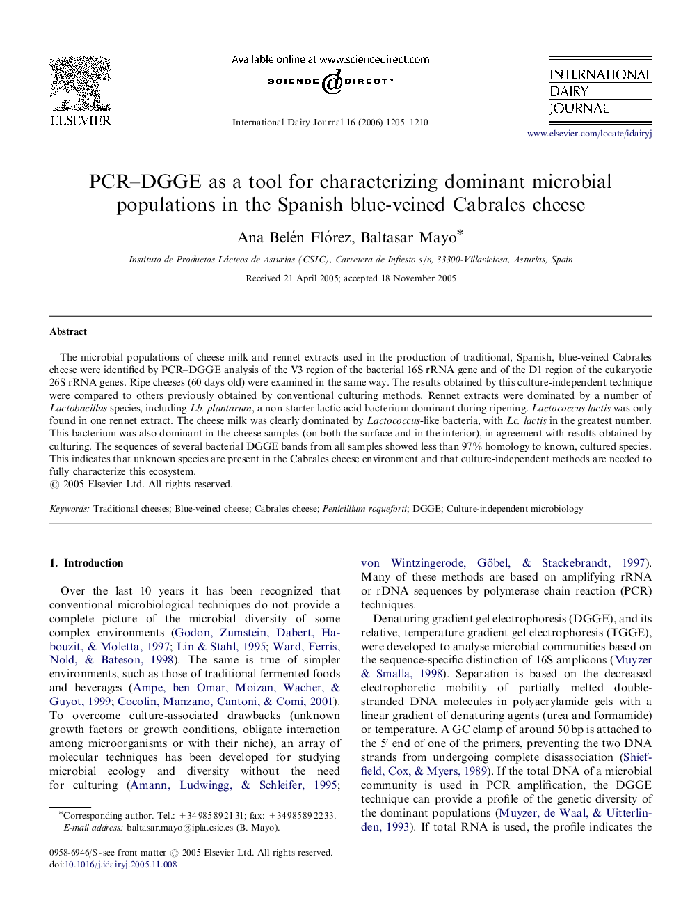 PCR–DGGE as a tool for characterizing dominant microbial populations in the Spanish blue-veined Cabrales cheese