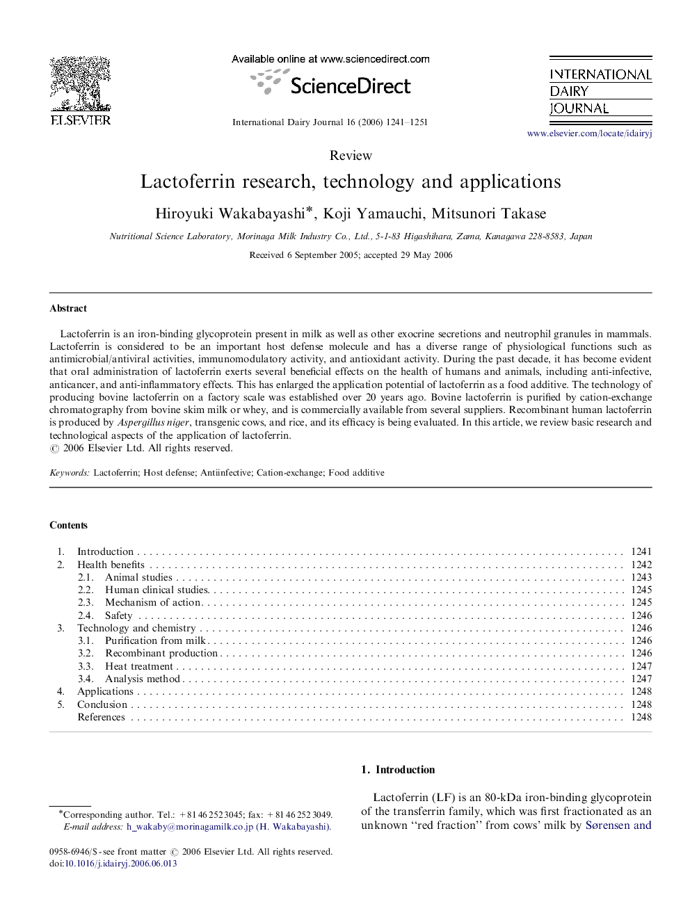 Lactoferrin research, technology and applications