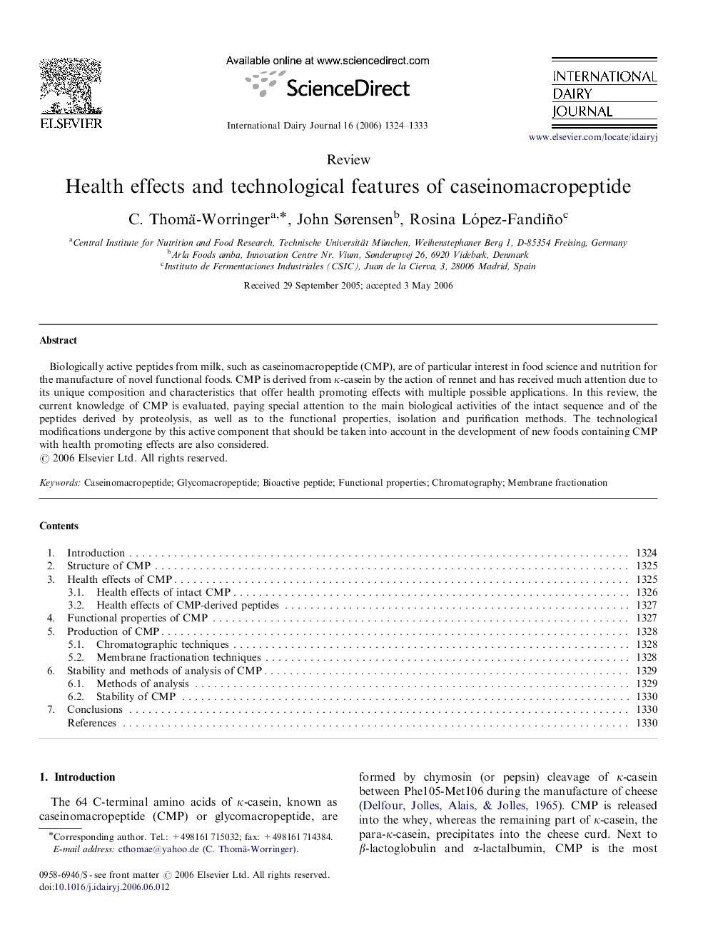 Health effects and technological features of caseinomacropeptide