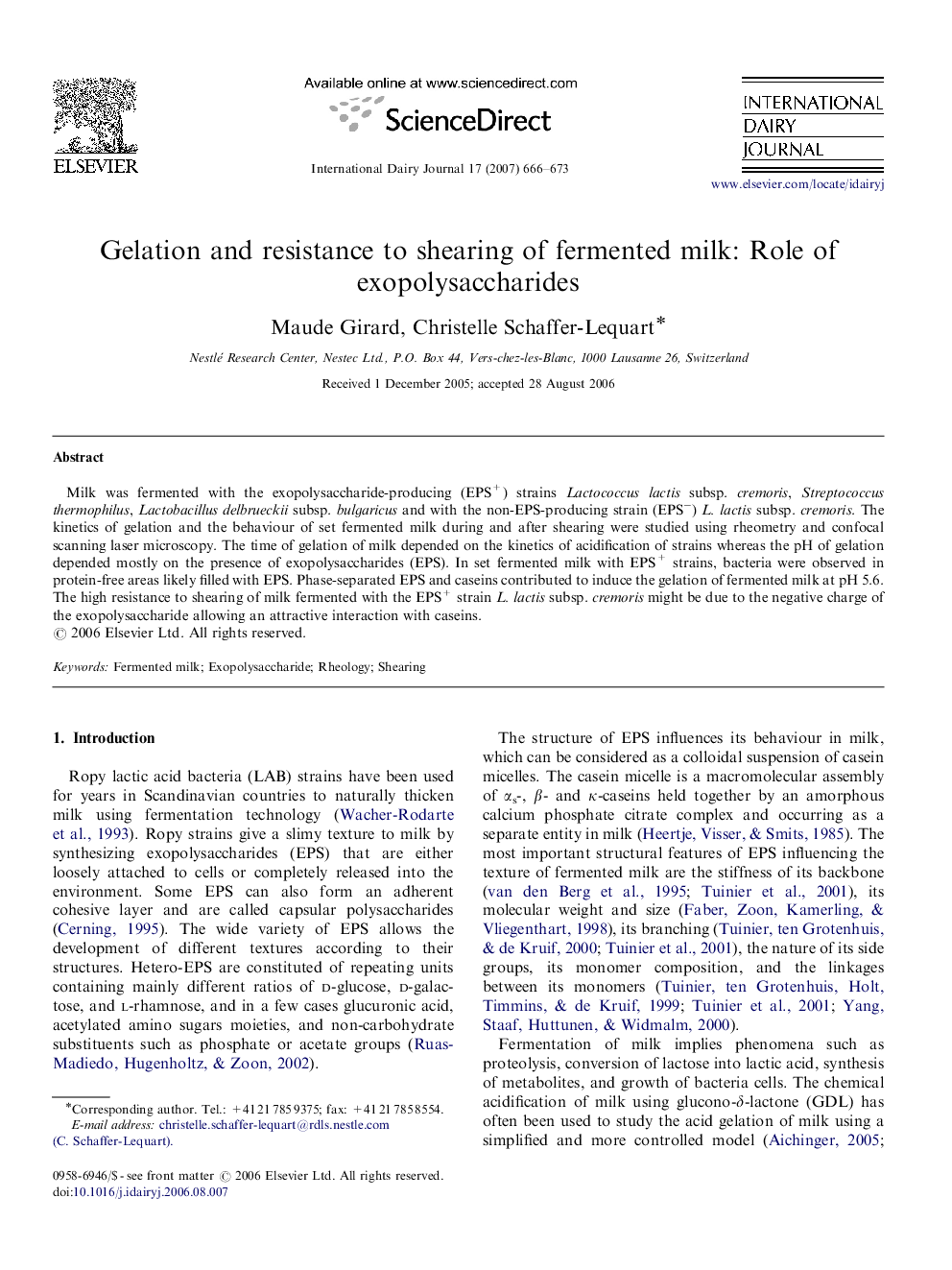 Gelation and resistance to shearing of fermented milk: Role of exopolysaccharides