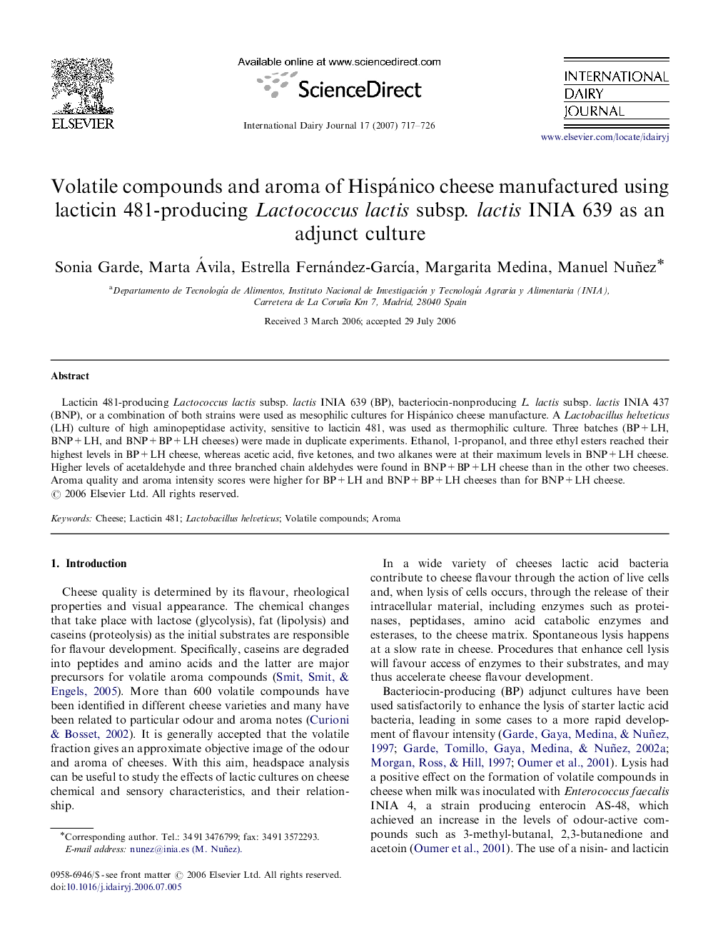 Volatile compounds and aroma of Hispánico cheese manufactured using lacticin 481-producing Lactococcus lactis subsp. lactis INIA 639 as an adjunct culture