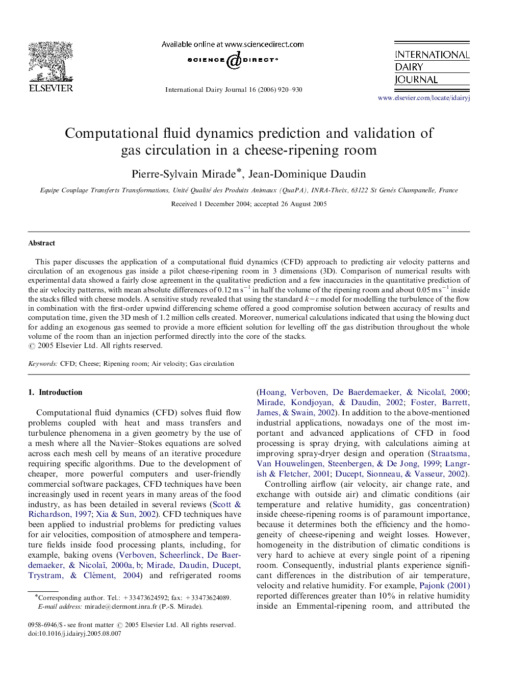Computational fluid dynamics prediction and validation of gas circulation in a cheese-ripening room