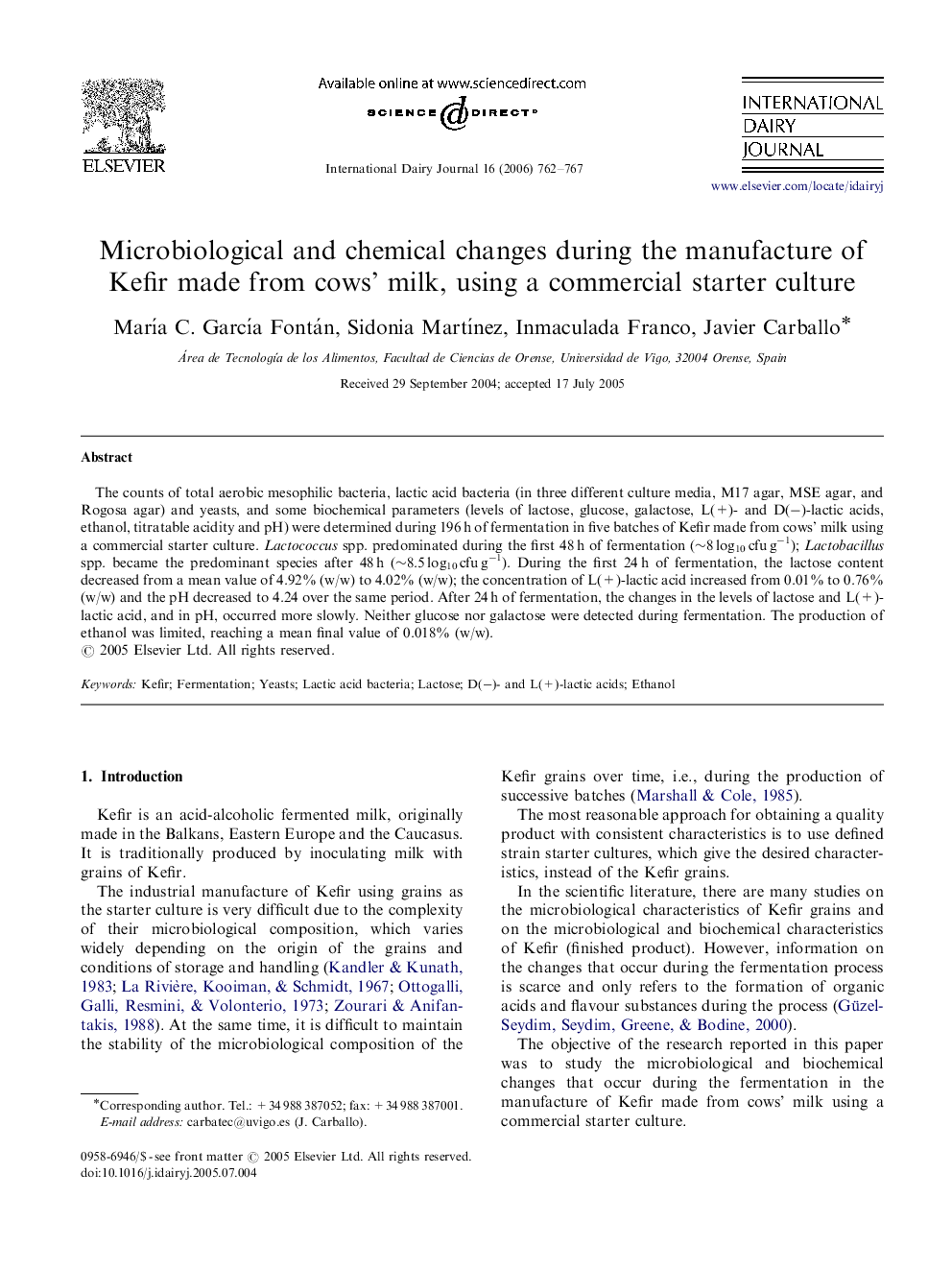 Microbiological and chemical changes during the manufacture of Kefir made from cows’ milk, using a commercial starter culture