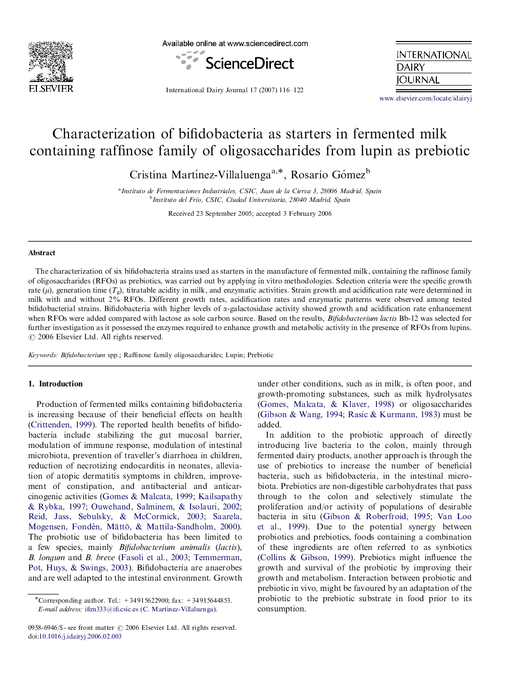 Characterization of bifidobacteria as starters in fermented milk containing raffinose family of oligosaccharides from lupin as prebiotic