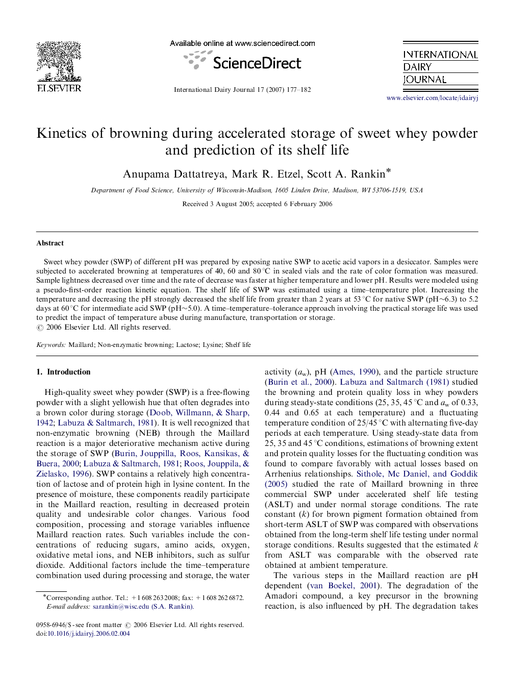 Kinetics of browning during accelerated storage of sweet whey powder and prediction of its shelf life