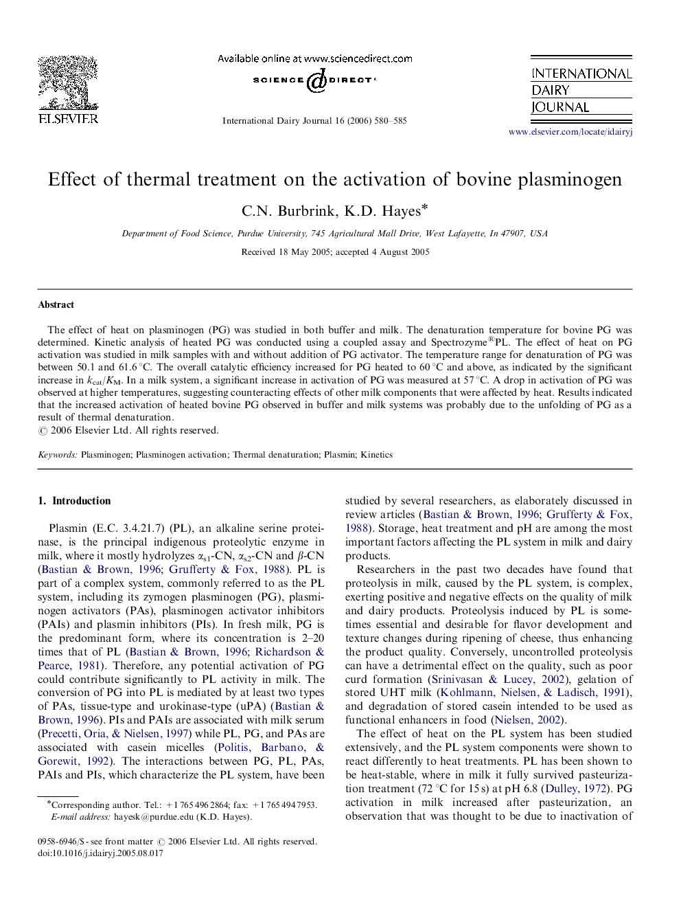 Effect of thermal treatment on the activation of bovine plasminogen