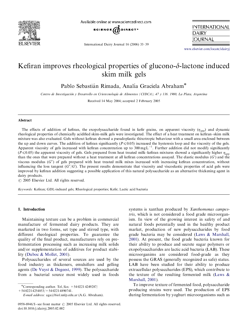 Kefiran improves rheological properties of glucono-δ-lactone induced skim milk gels