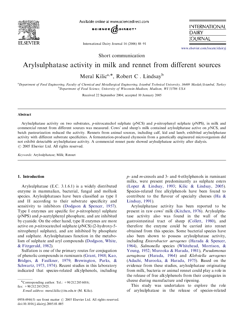 Arylsulphatase activity in milk and rennet from different sources