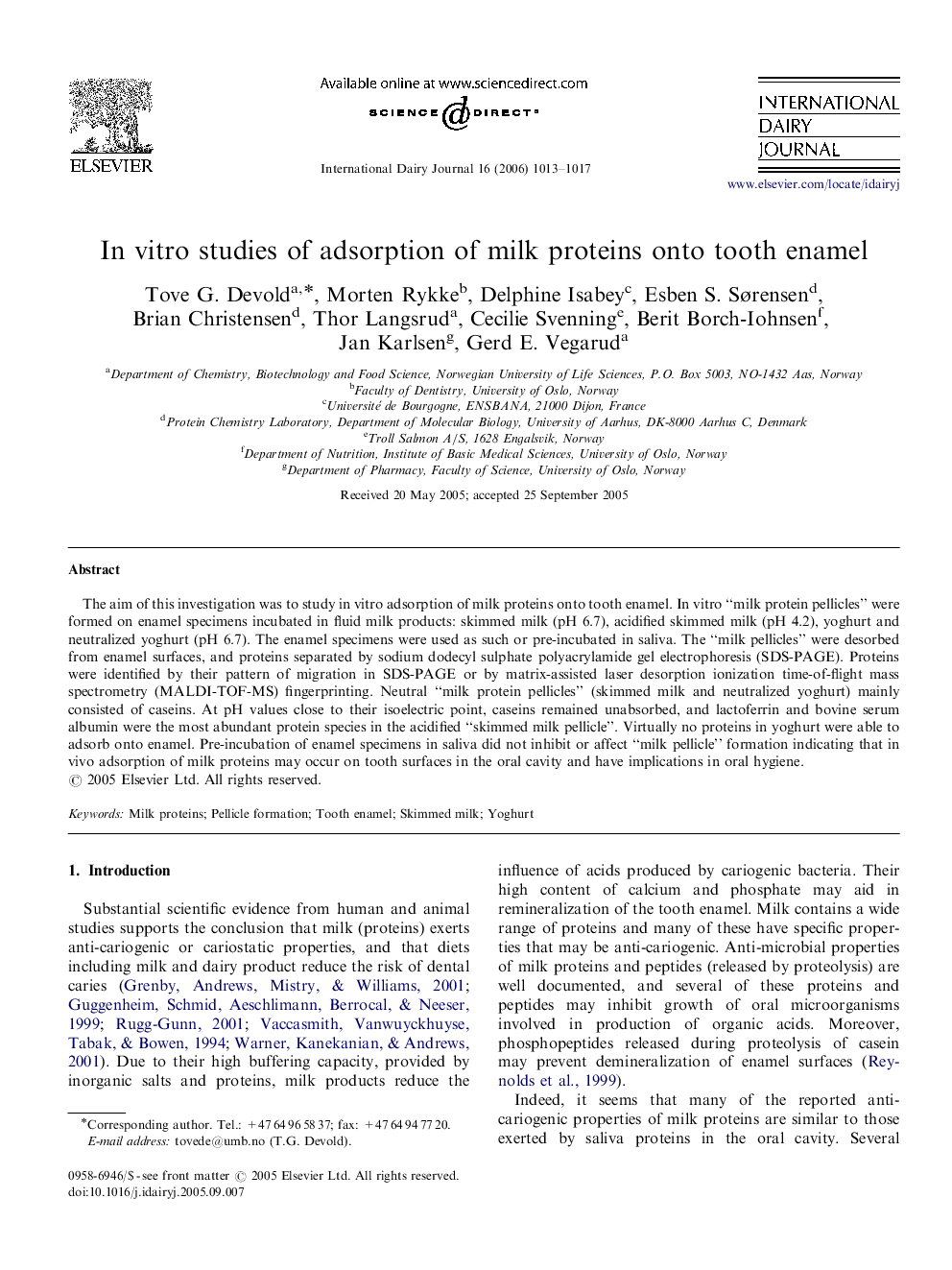 In vitro studies of adsorption of milk proteins onto tooth enamel