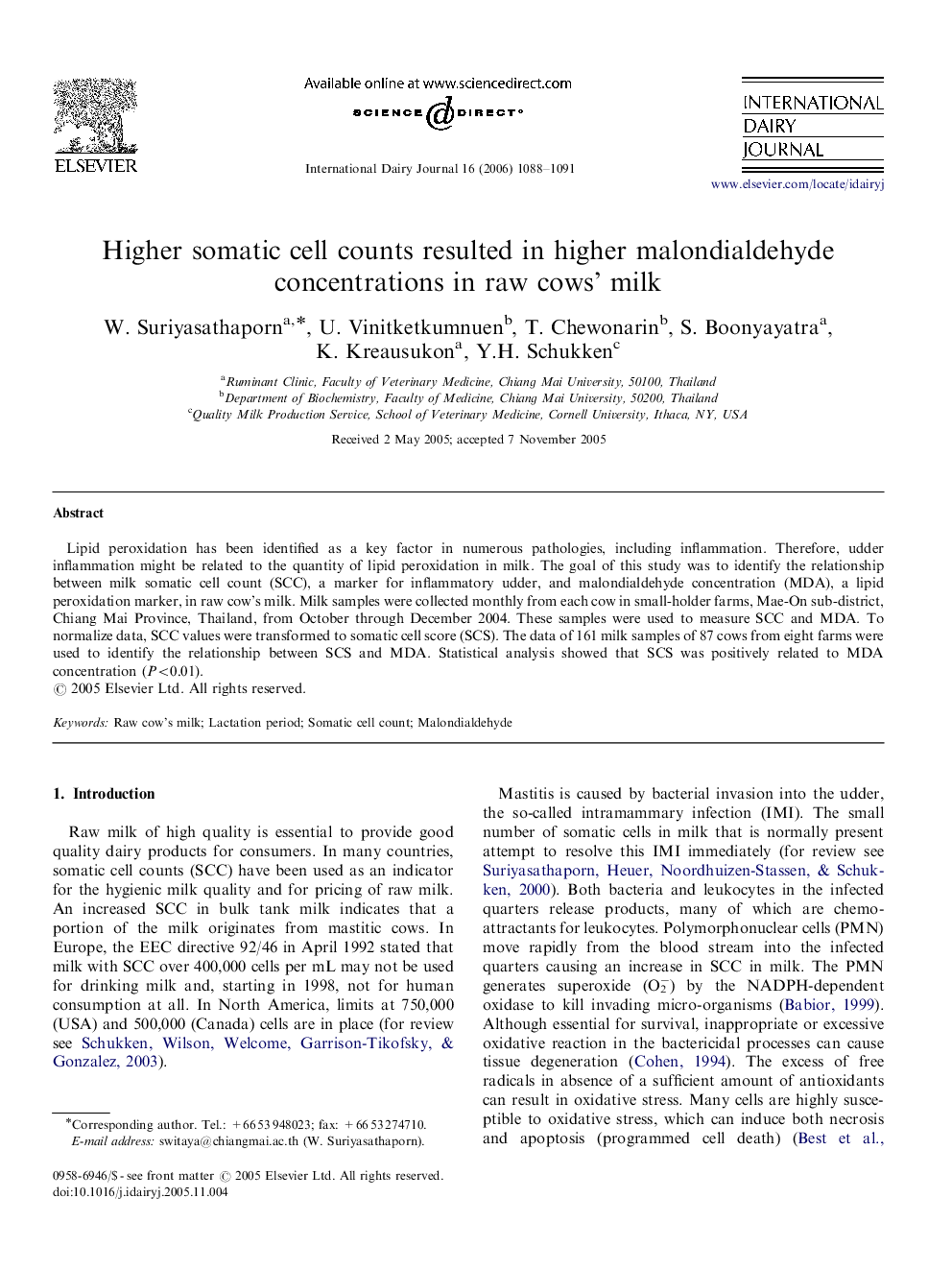 Higher somatic cell counts resulted in higher malondialdehyde concentrations in raw cows’ milk