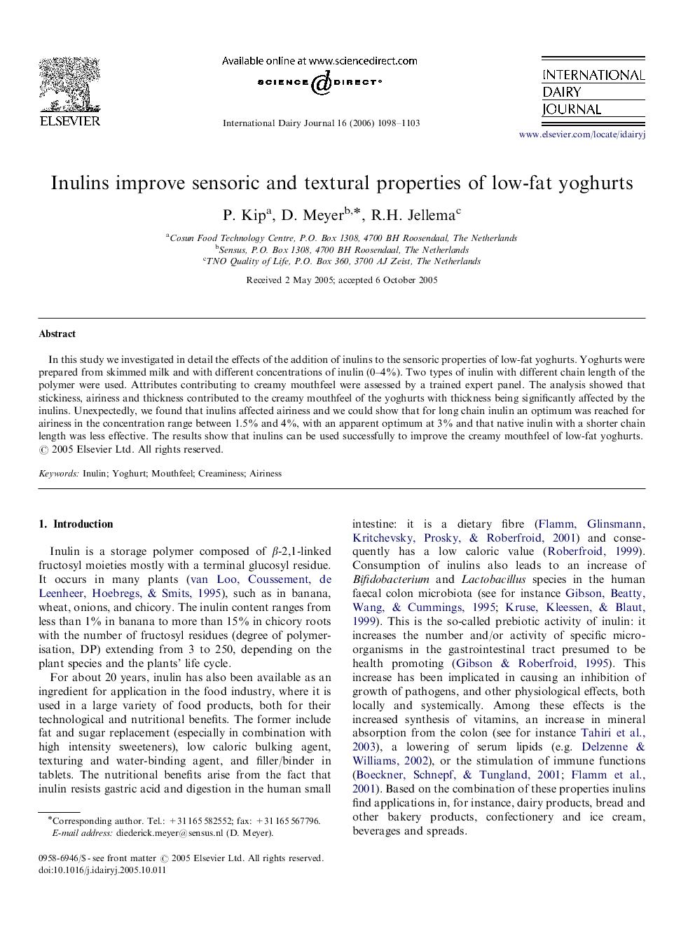 Inulins improve sensoric and textural properties of low-fat yoghurts