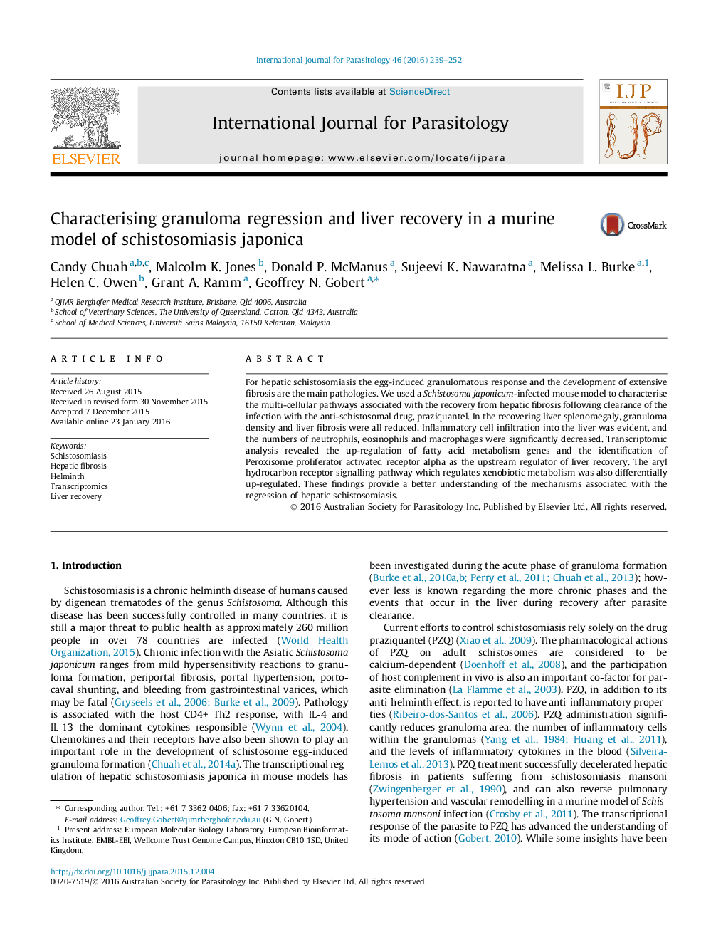 Characterising granuloma regression and liver recovery in a murine model of schistosomiasis japonica