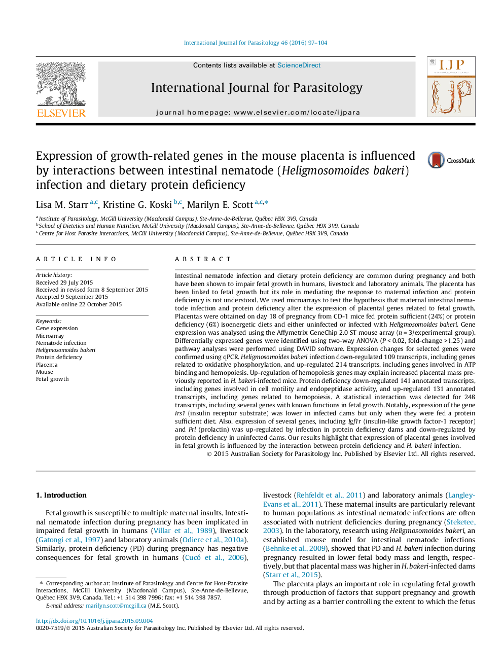 Expression of growth-related genes in the mouse placenta is influenced by interactions between intestinal nematode (Heligmosomoides bakeri) infection and dietary protein deficiency